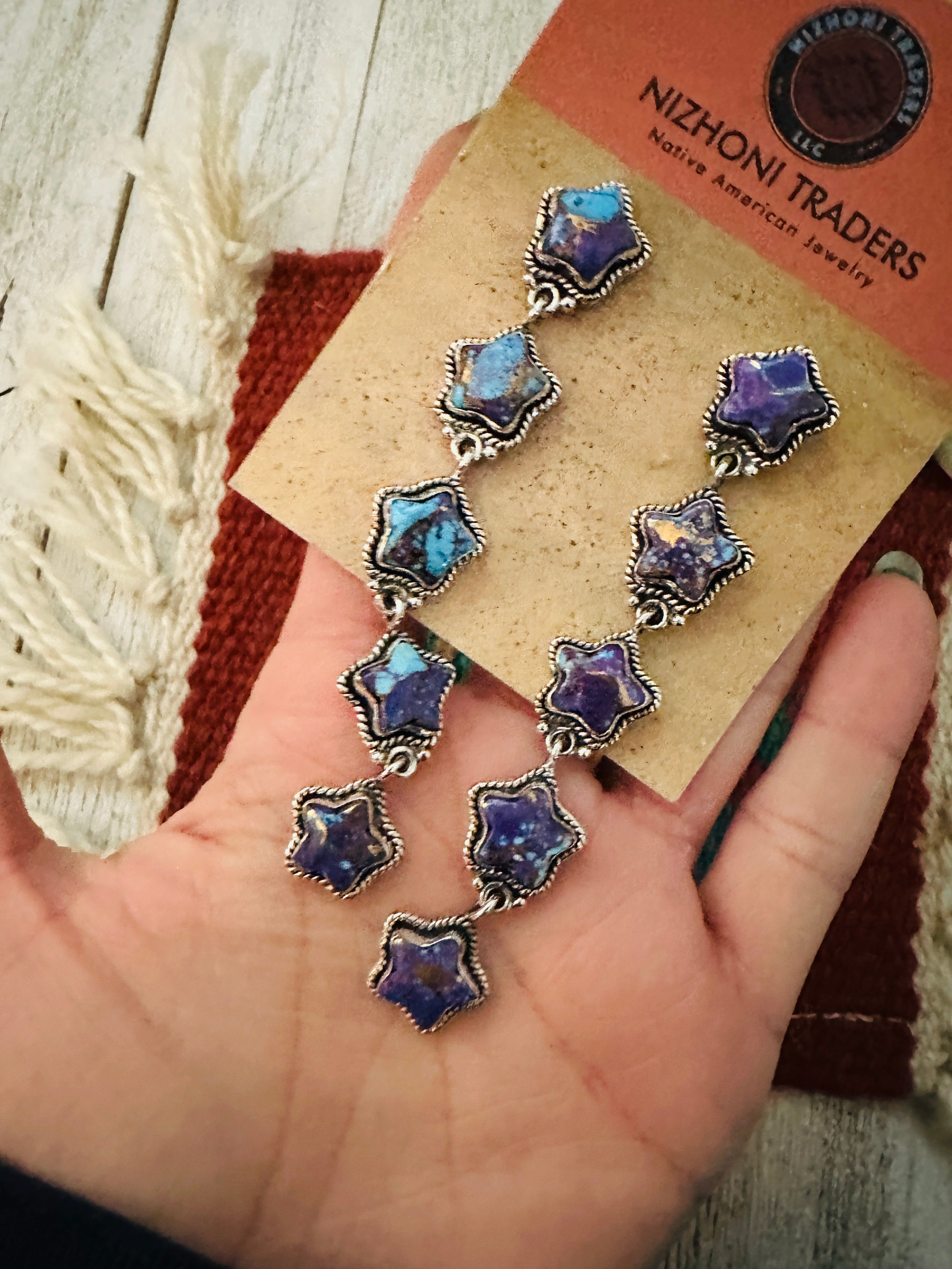 Handmade Purple Dream Mojave & Sterling Silver Star Dangle Earrings Signed Nizhoni