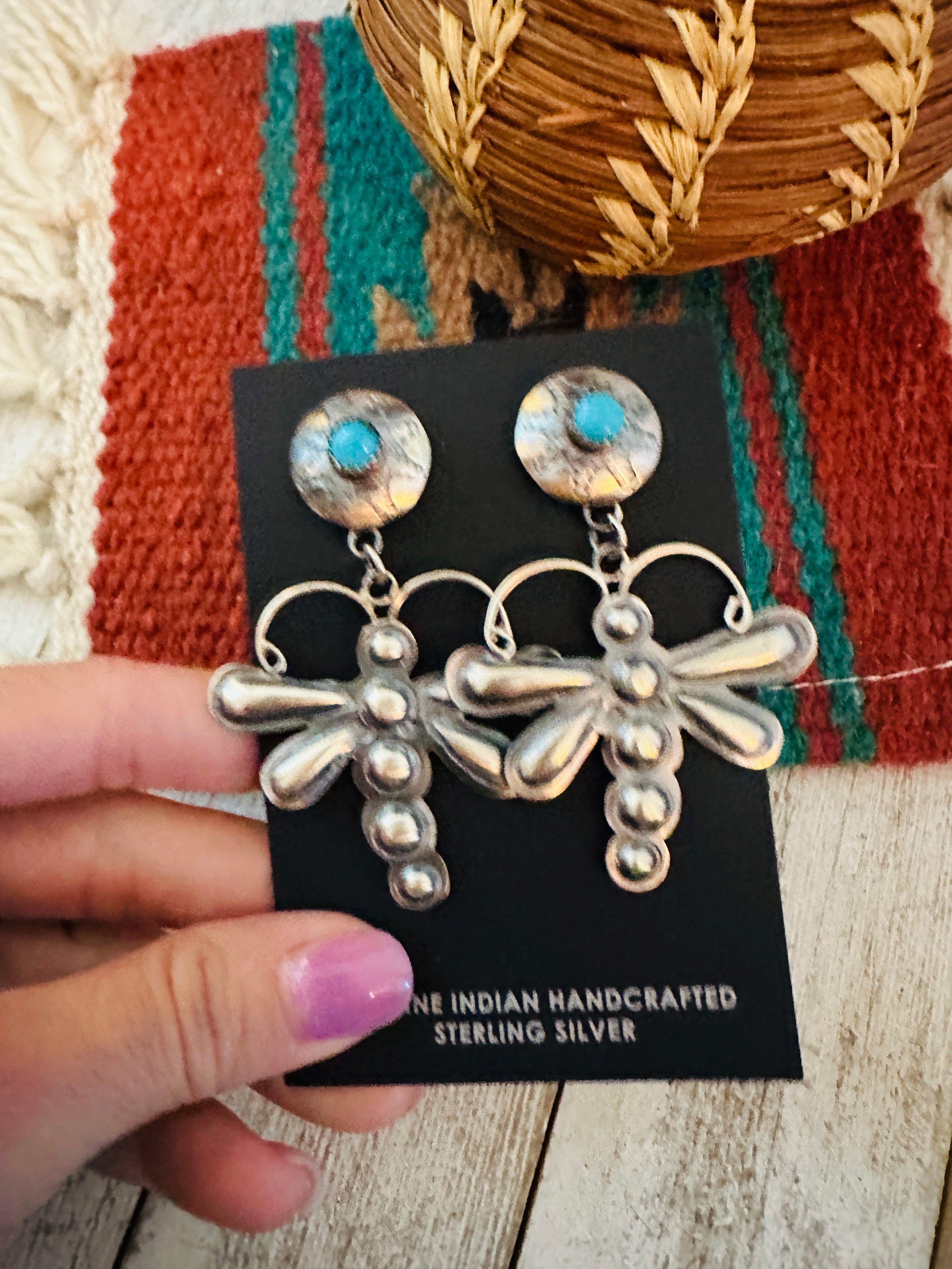 Navajo Turquoise & Sterling Silver Dragonfly Dangle Earrings