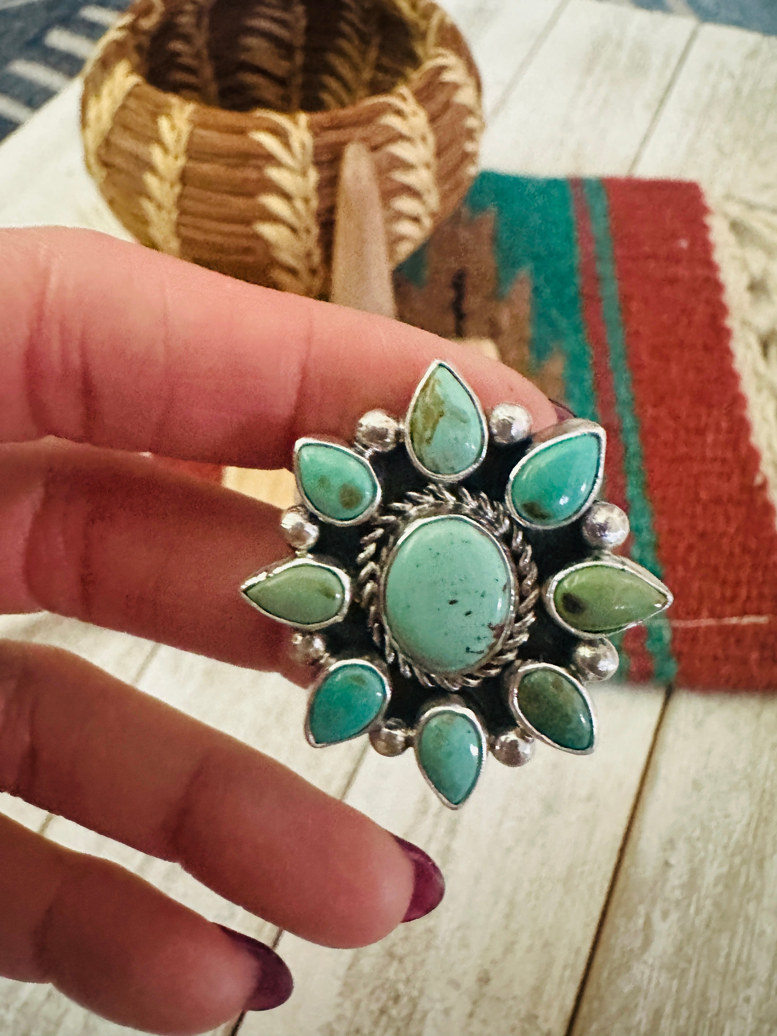 Navajo Sterling Silver & Turquoise Cluster Adjustable Ring