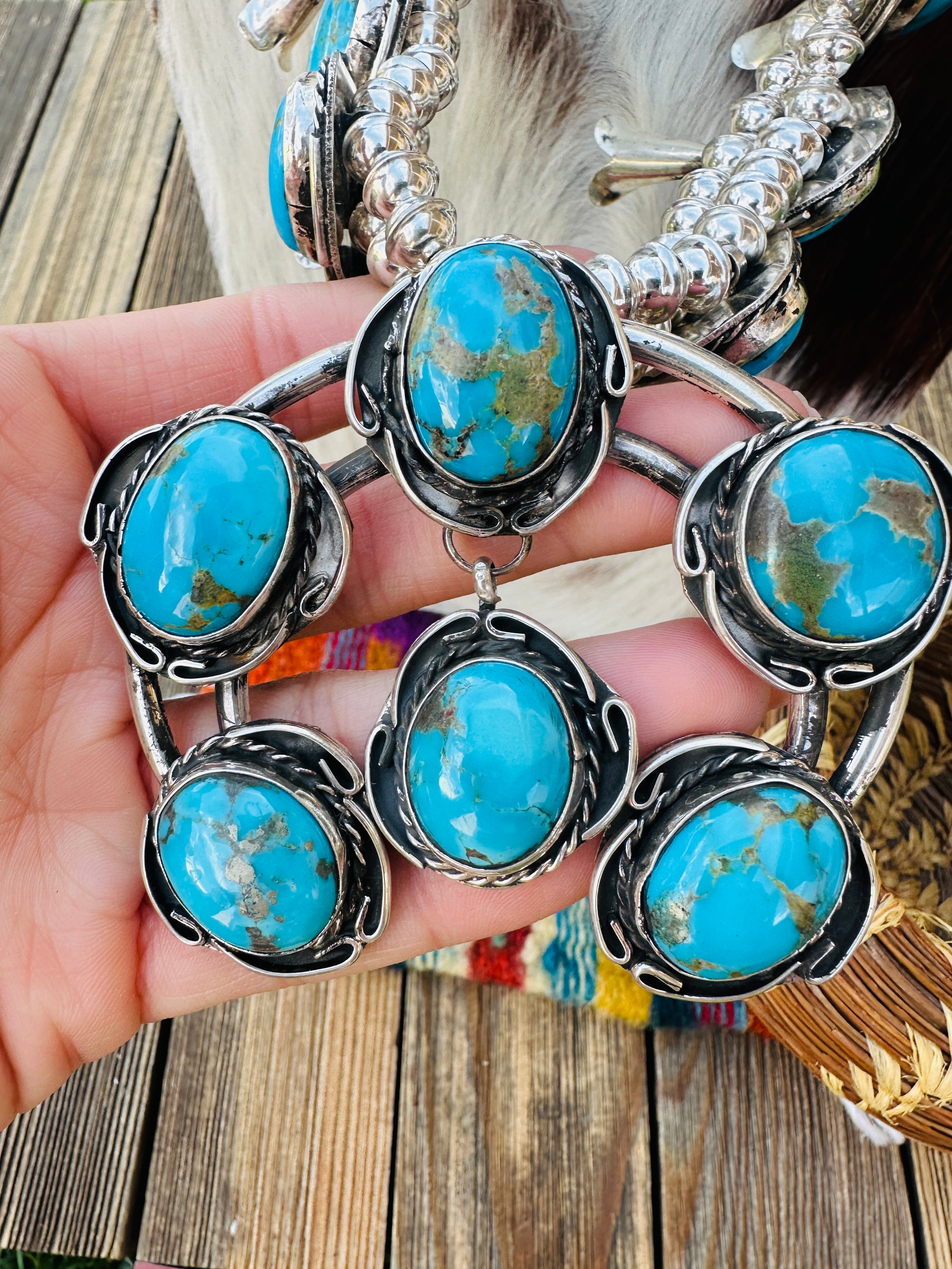 Old Pawn Handcrafted Morenci Turquoise & Sterling Silver Beaded Squash