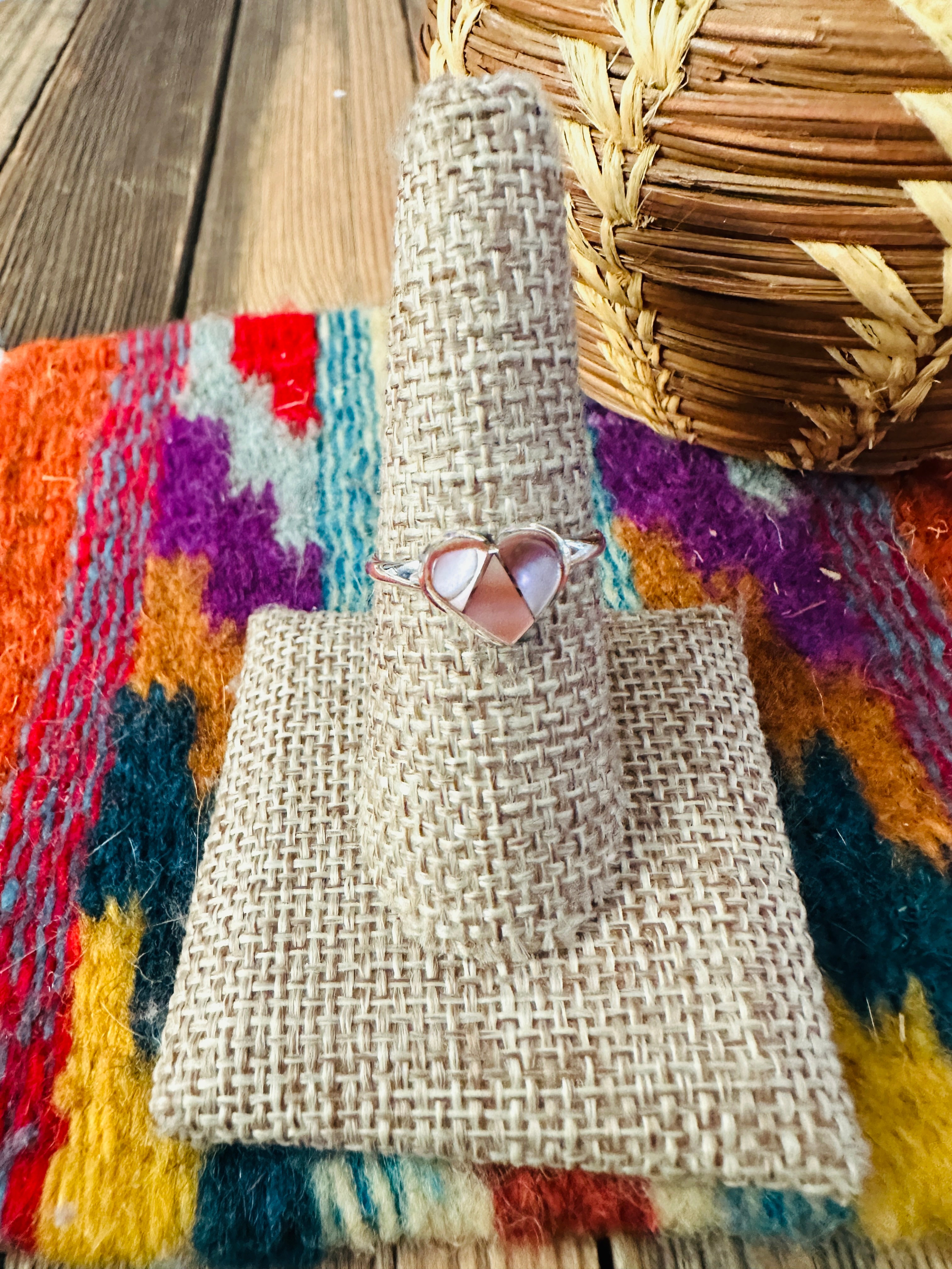 Handcrafted Mother of Pearl & Sterling Silver Inlay Heart Ring Size 8