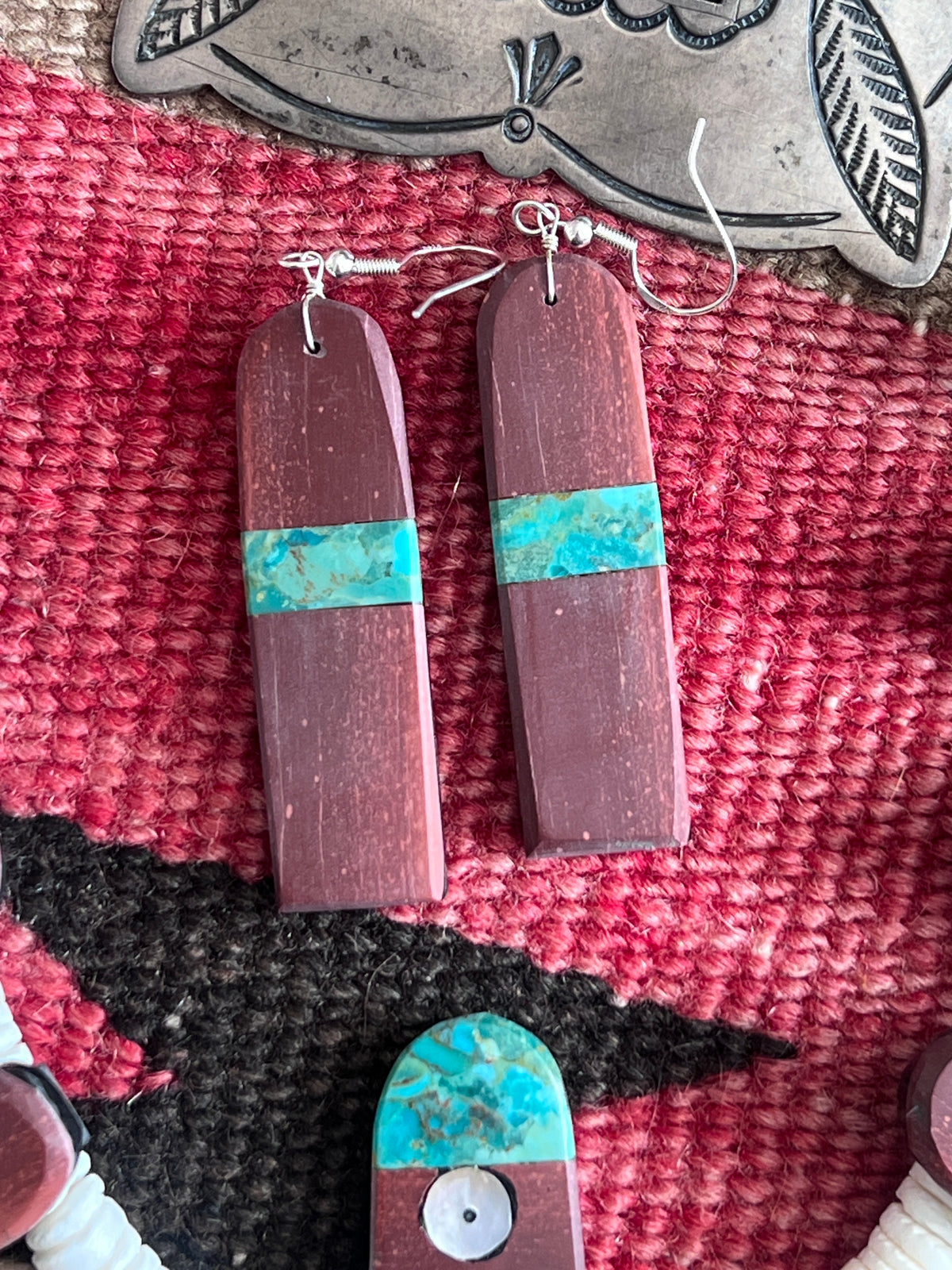 Warren Nieto Inlay Kingman Turquoise and Pipestone Thunderbird Tab Necklace & Earrings Set