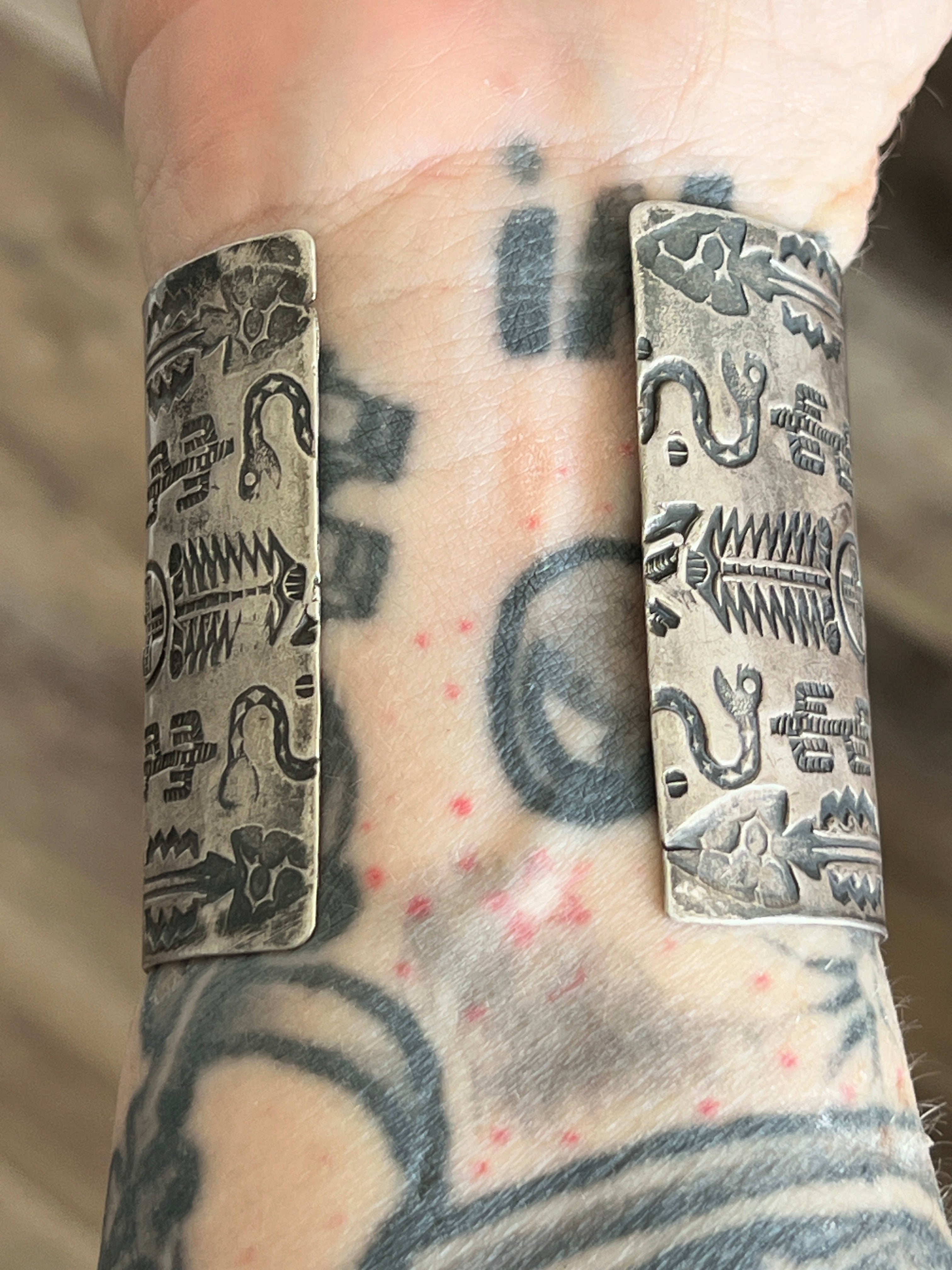 Handcrafted Vintage Fred Harvey Era Symbolic Collage TurquoiseSterling Silver Cuff Bracelet