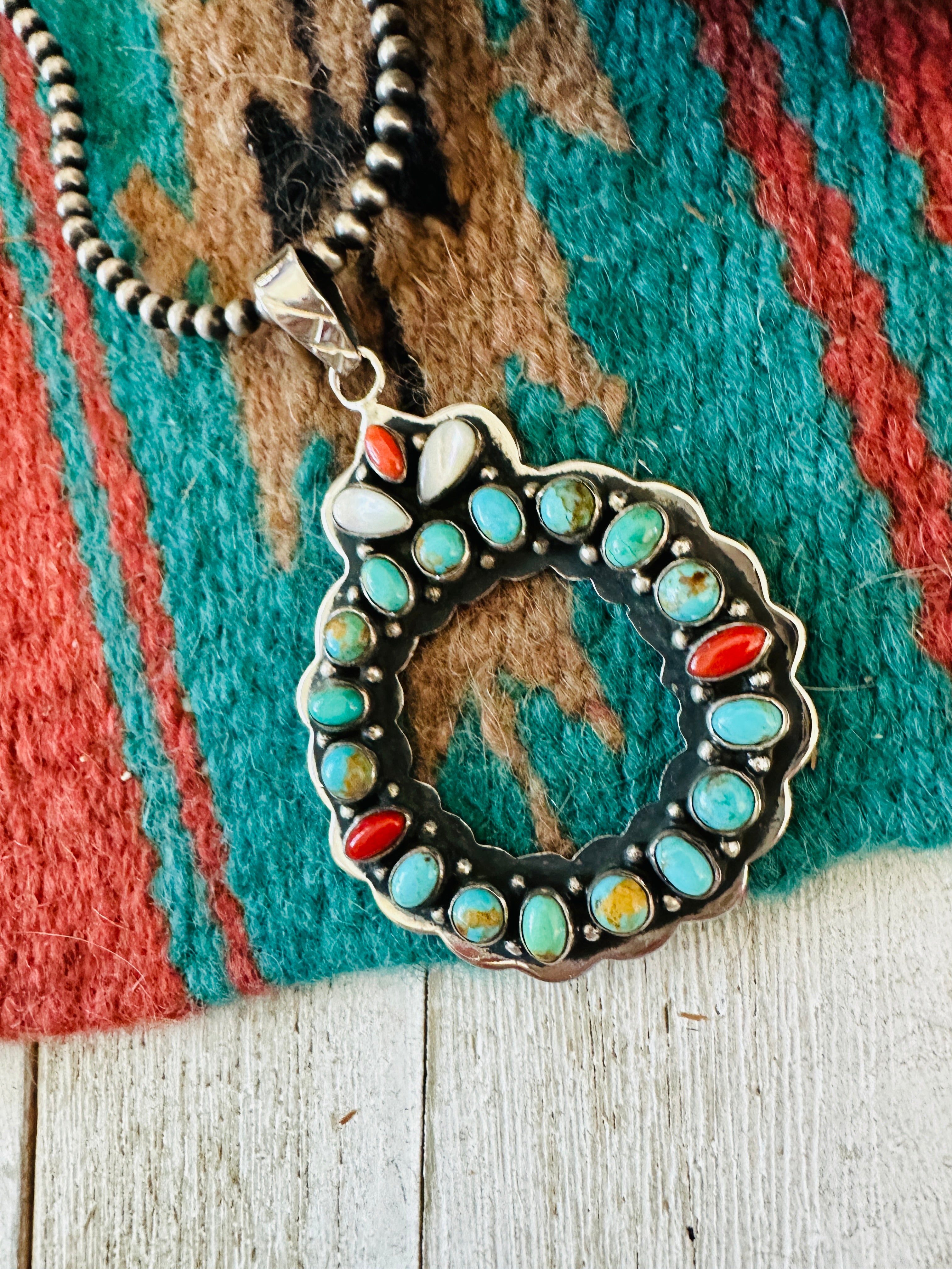 ** Christmas Collection ** Handmade Sterling Silver, Turquoise & Coral Wreath Pendant Signed Nizhoni