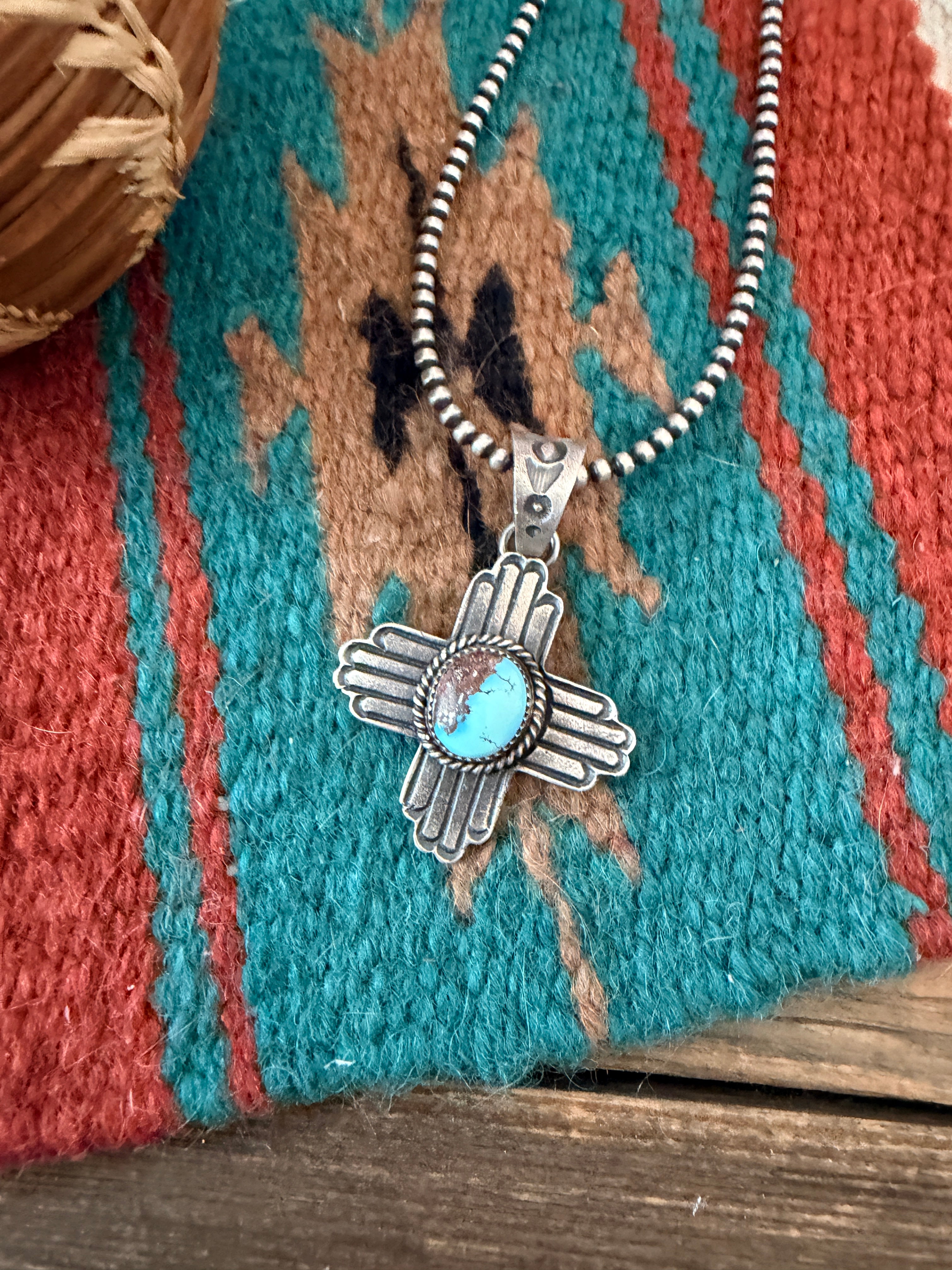 Handcrafted Sterling Silver & Golden Hills Turquoise Cross Pendant by Kevin Billah