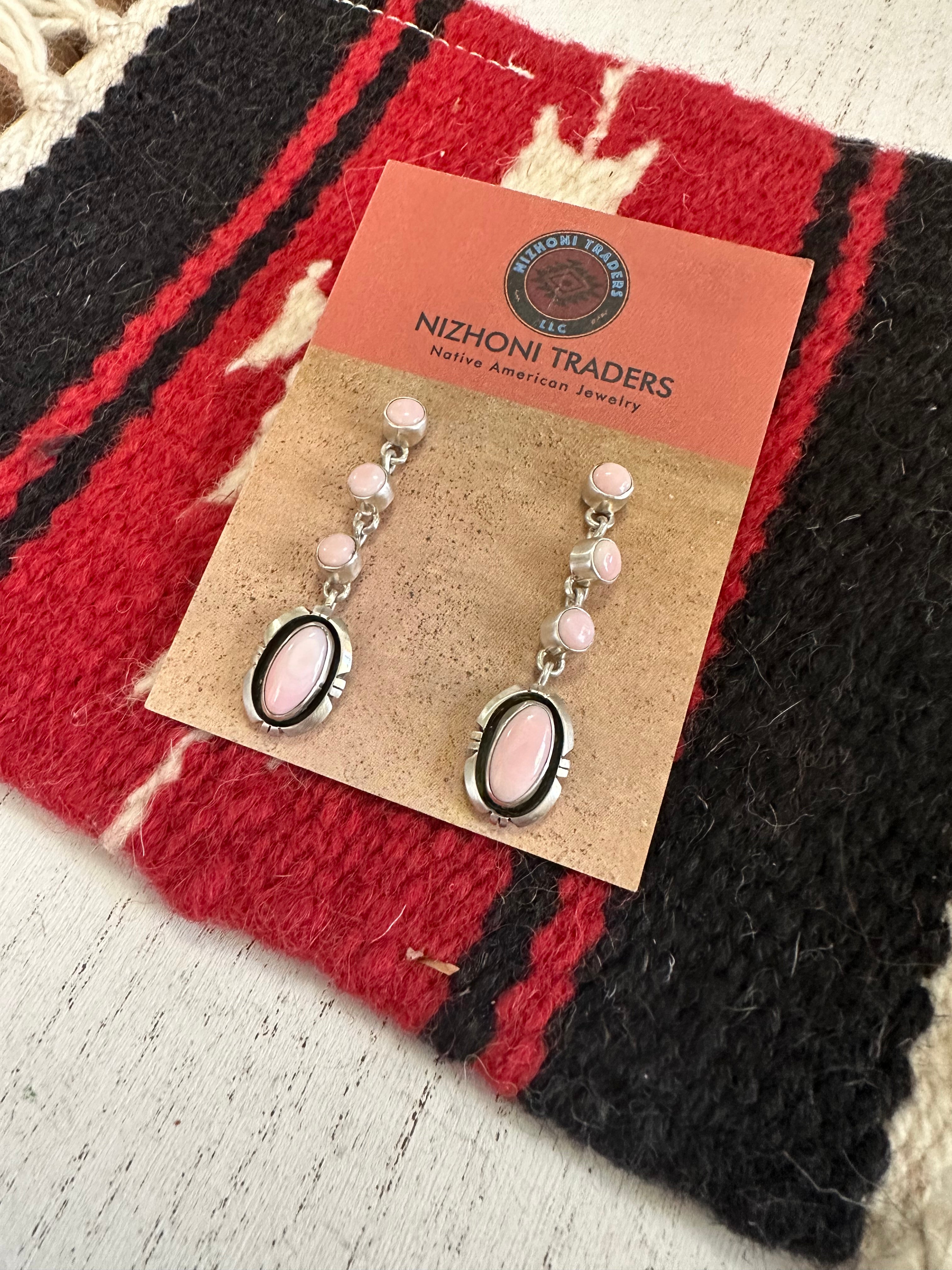 Navajo Sterling Silver Pink Conch 4 Stone Dangle Earrings