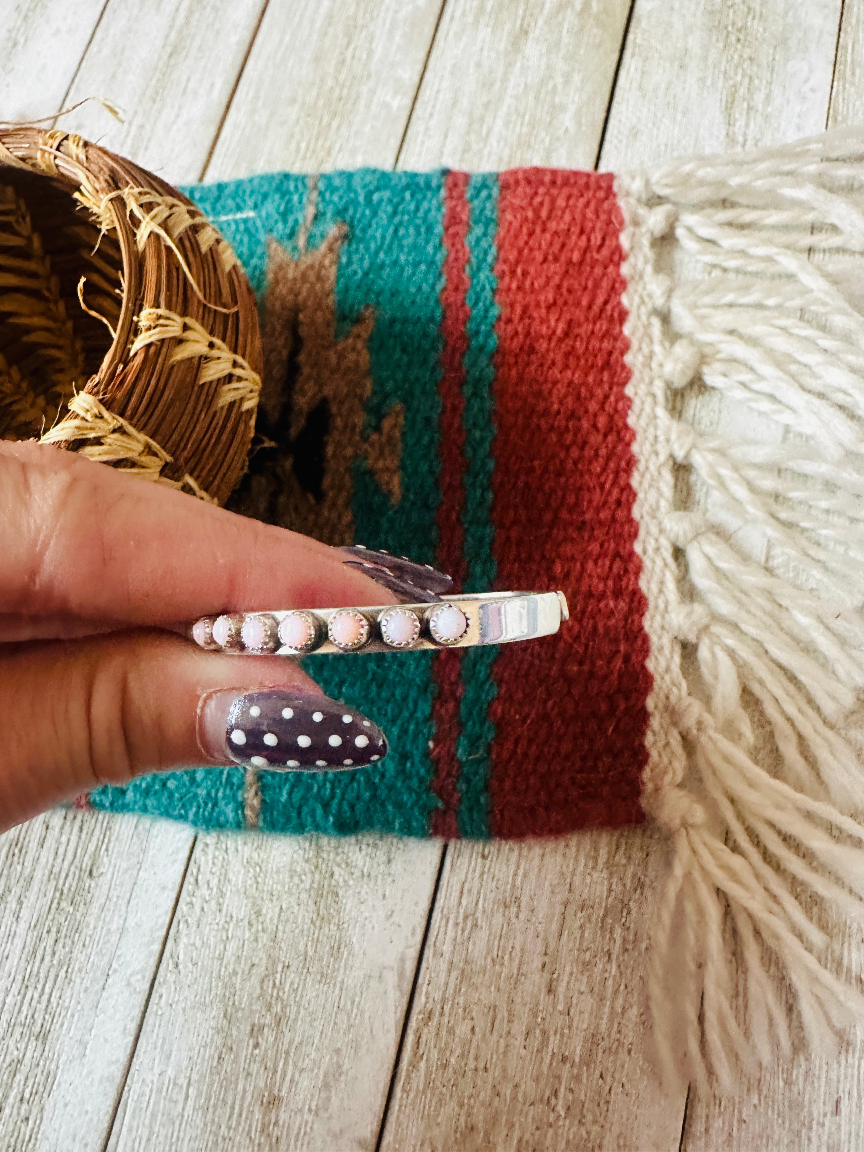 Handcrafted Queen Pink Conch & Sterling Silver Petit Point Cuff Bracelet