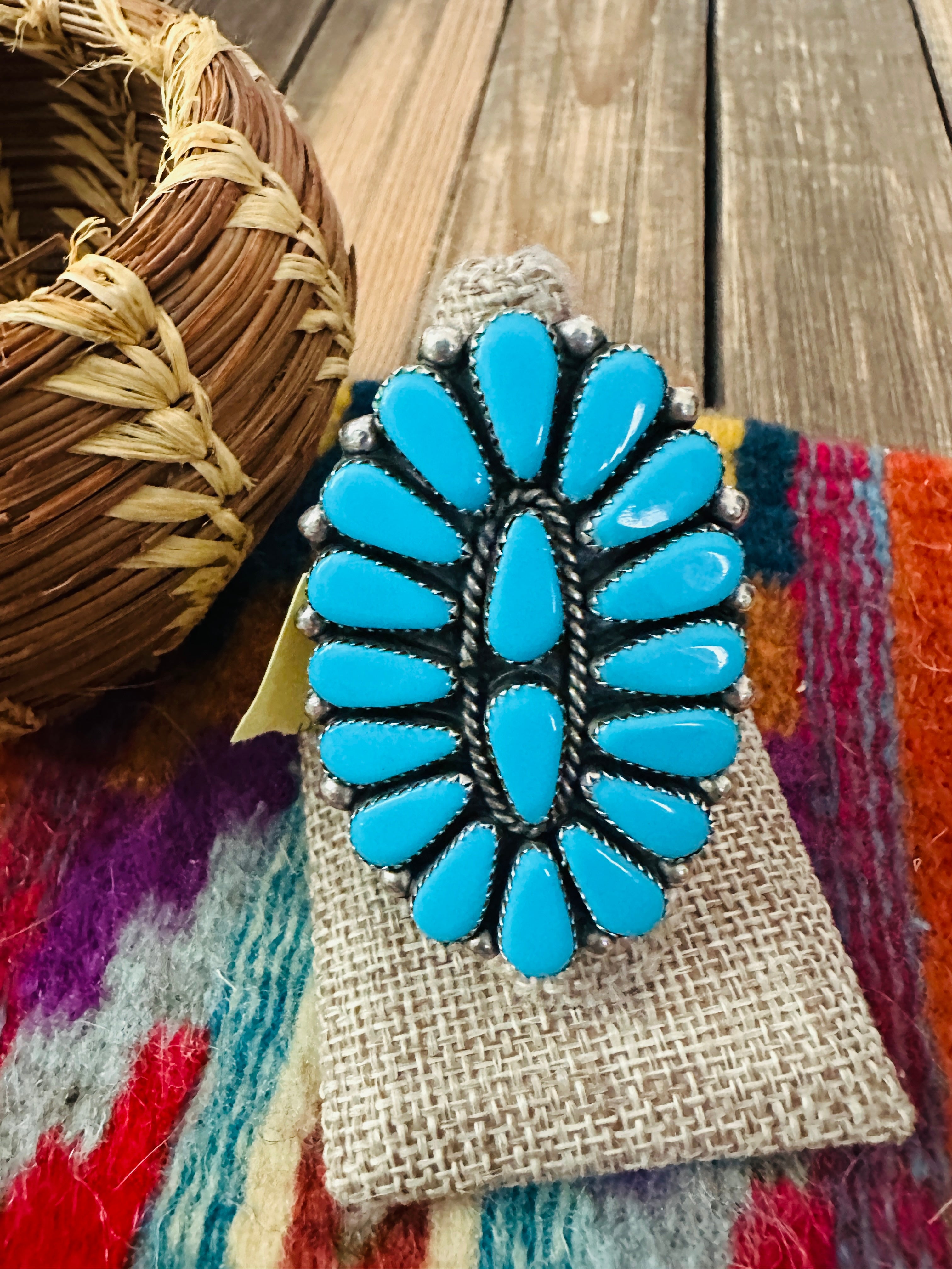 Old Pawn Handcrafted Turquoise & Sterling Silver Cluster Ring Size 10