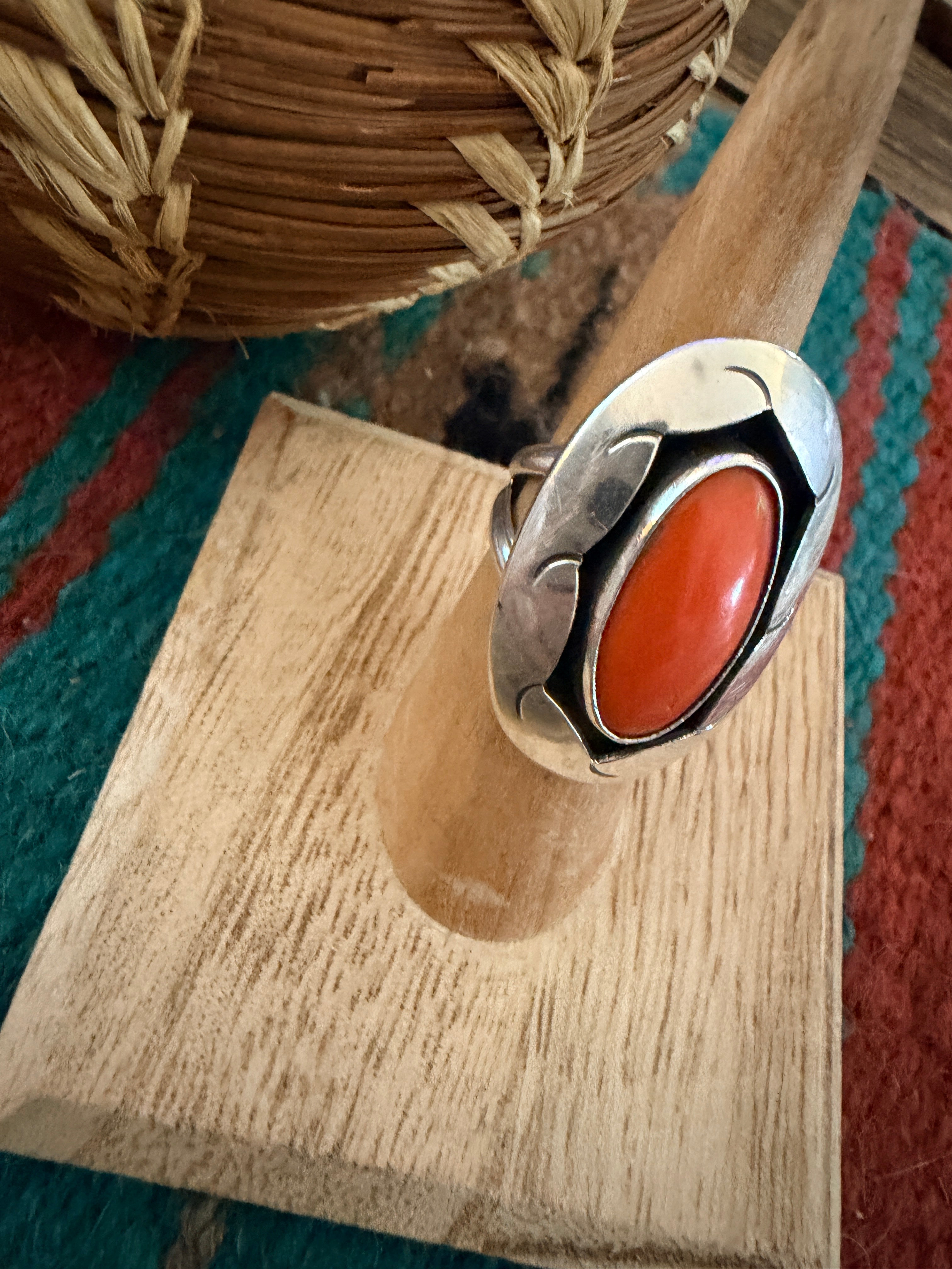 Old Pawn Handcrafted Coral & Sterling Silver Ring Size 5.75