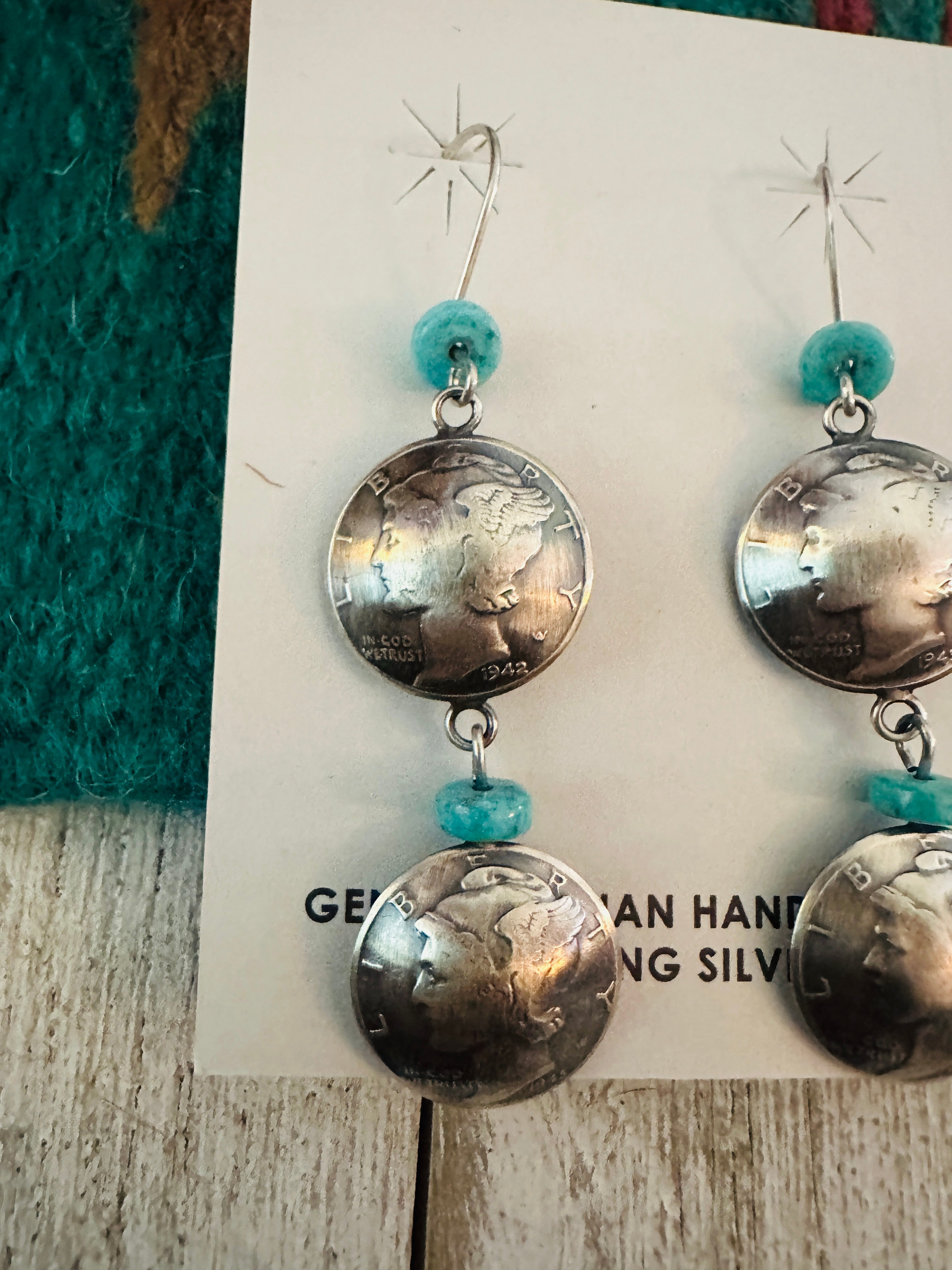 Navajo Turquoise & Sterling Silver  Liberty Dime Dangle Earrings