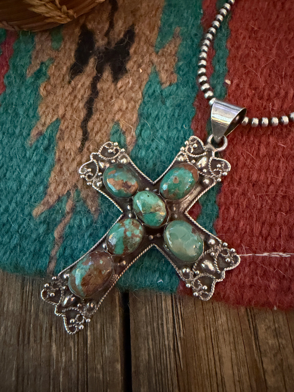 Old Pawn Handcrafted Turquoise and Sterling Silver Cross Pendant