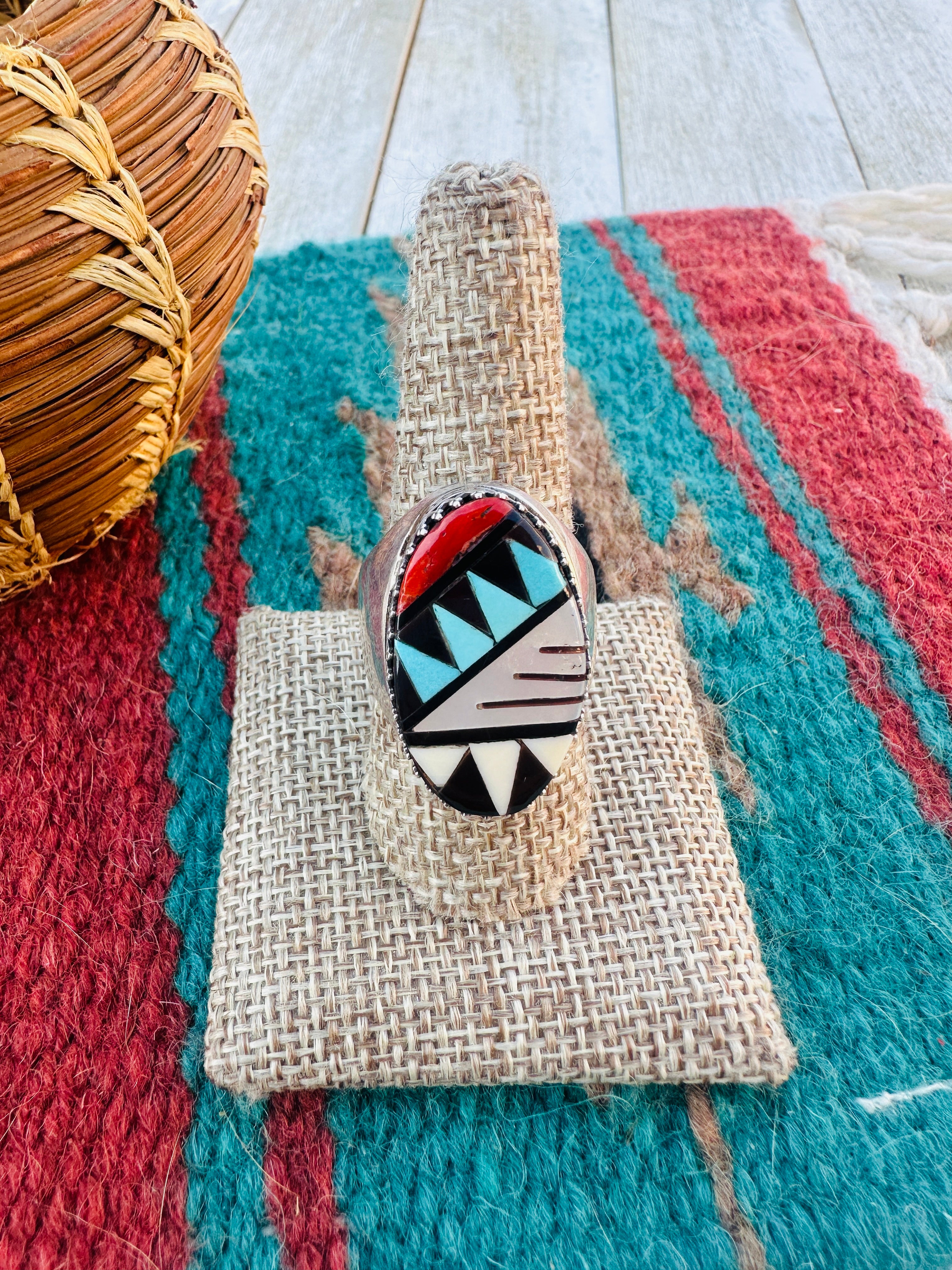 Old Pawn Handcrafted Multi Stone & Sterling Silver Inlay Ring Size 9.5