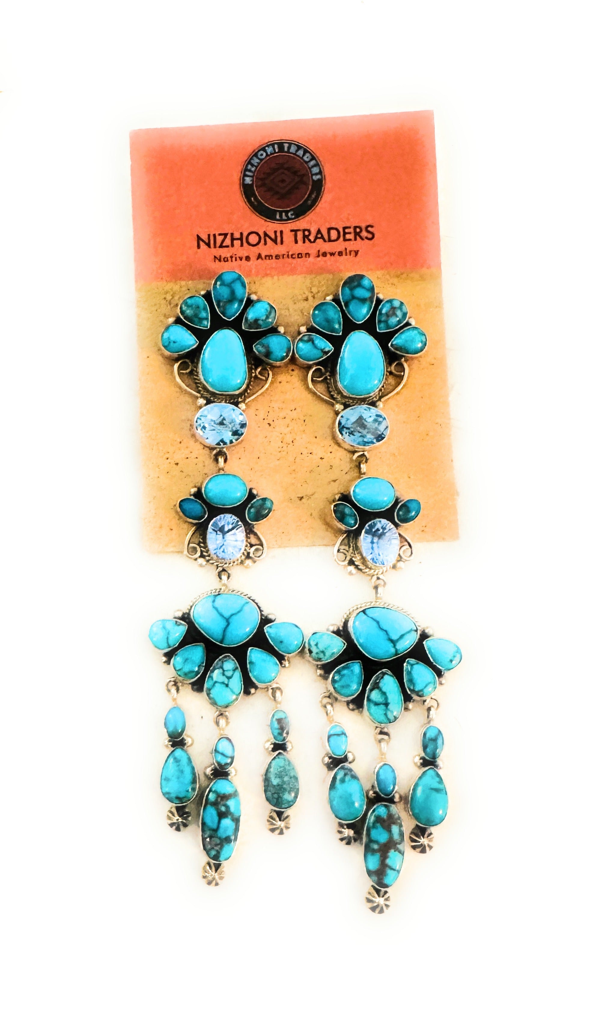 Navajo Turquoise, Topaz & Sterling Silver Chandelier Dangle Earrings