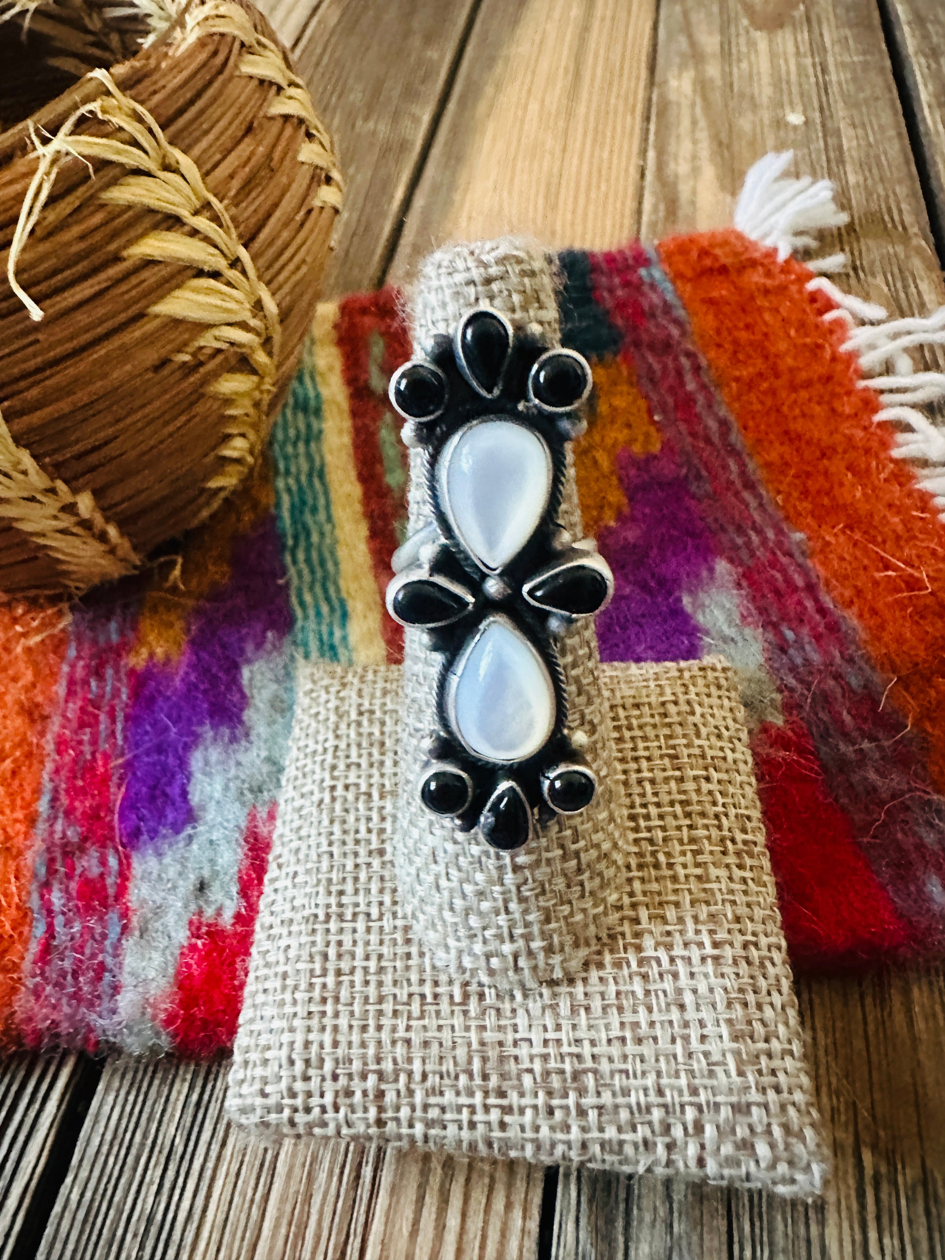 Handcrafted Onyx, Mother of Pearl & Sterling Silver Adjustable Ring by Sheila Becenti