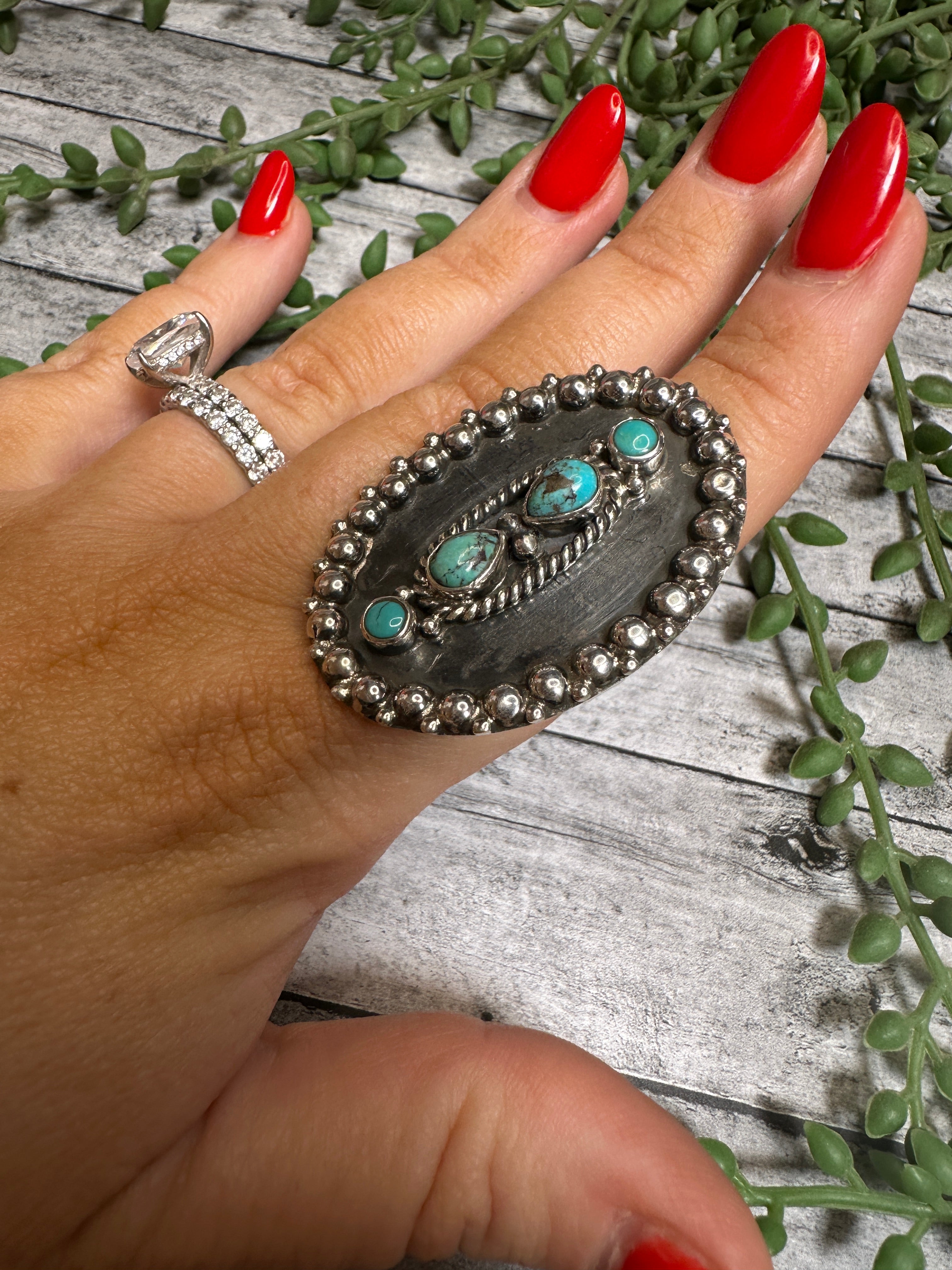 Beautiful Handmade Turquoise Sterling Silver Ball Adjustable Oval Ring