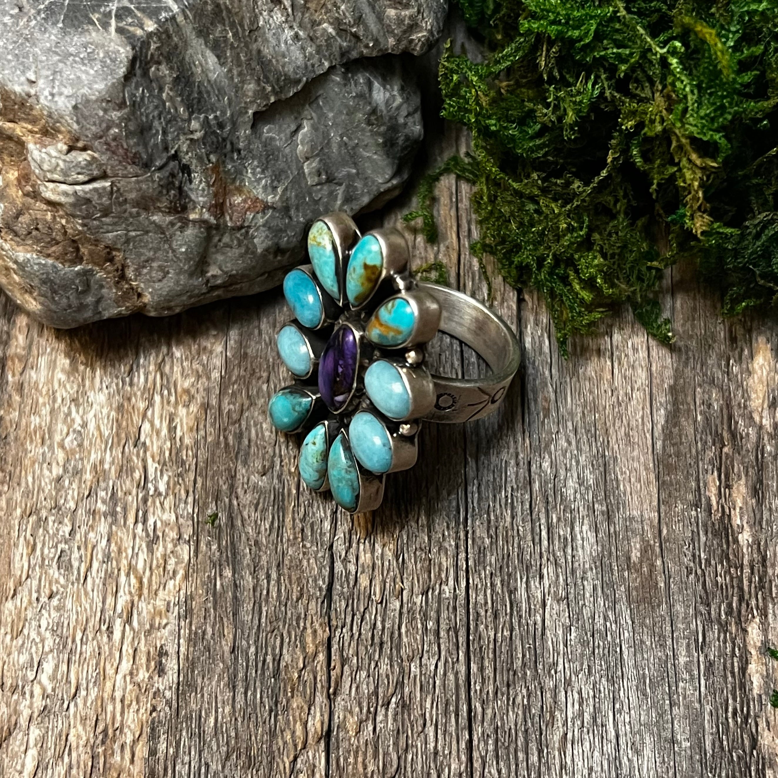 Handmade Sterling Silver Turquoise & Purple Spiny Cluster Ring
