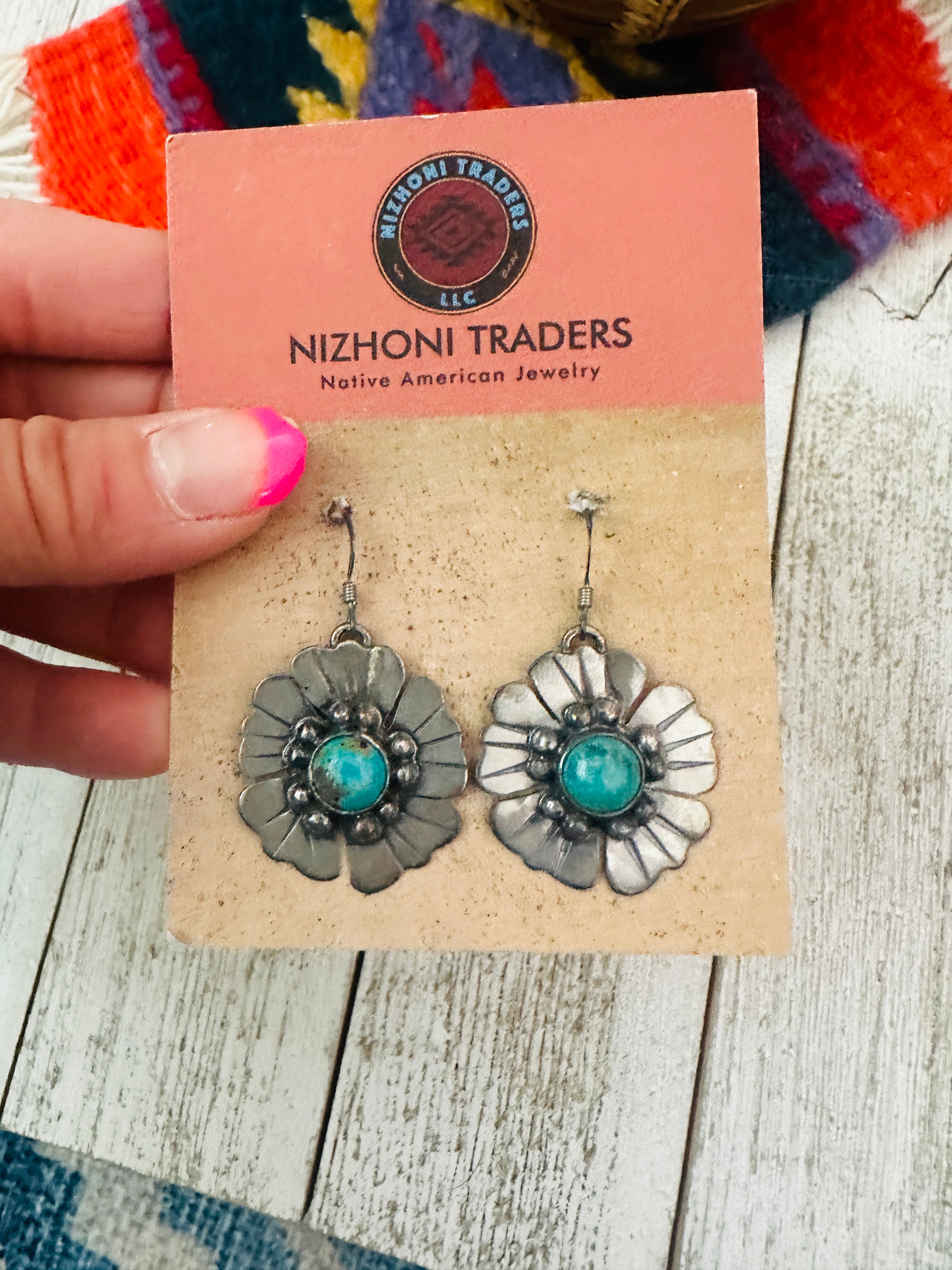 Navajo Turquoise and Sterling Silver Flower Dangle Earrings