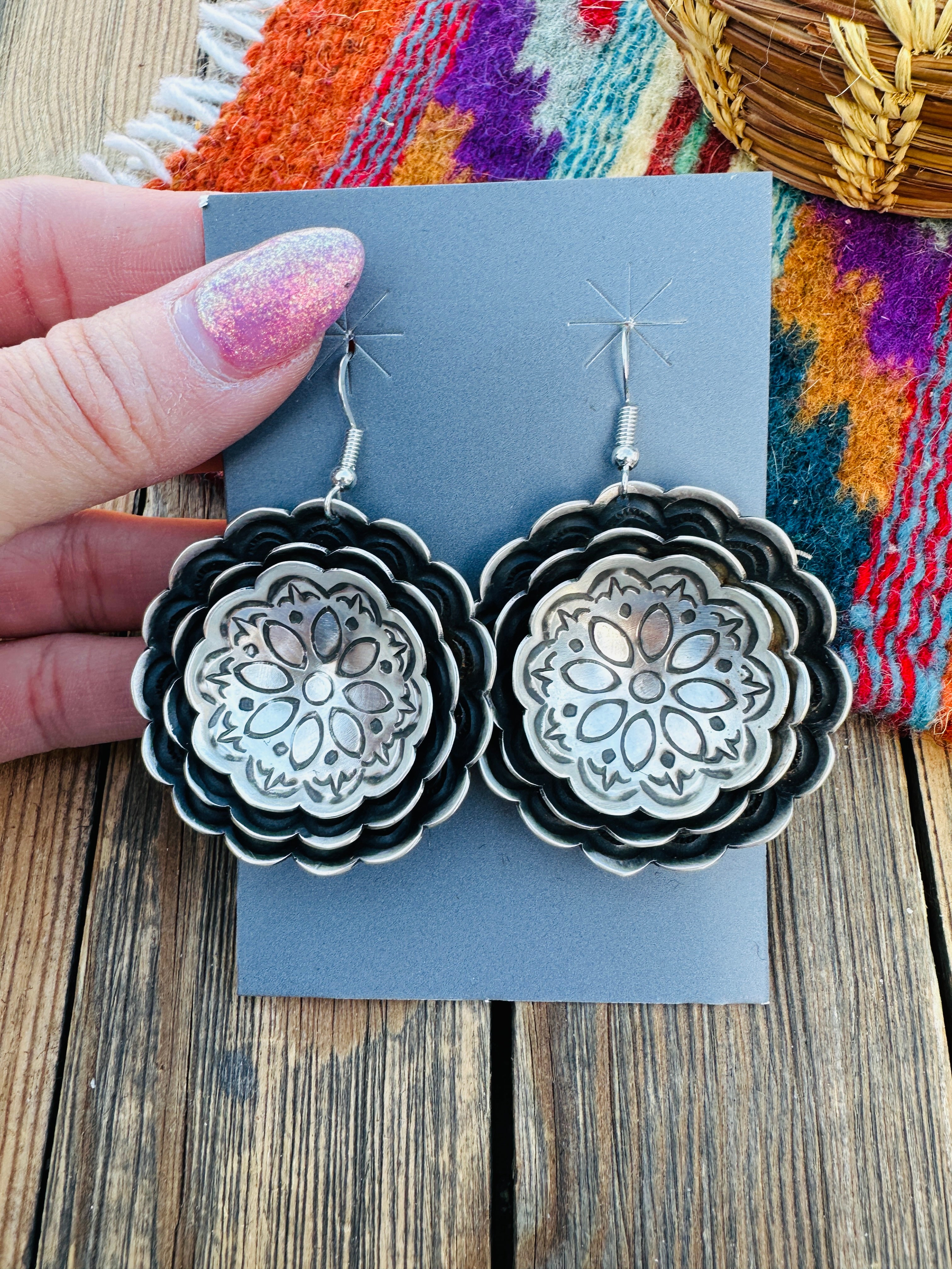 Handcrafted Sterling Silver Concho Dangle Earrings by Leander Tahe