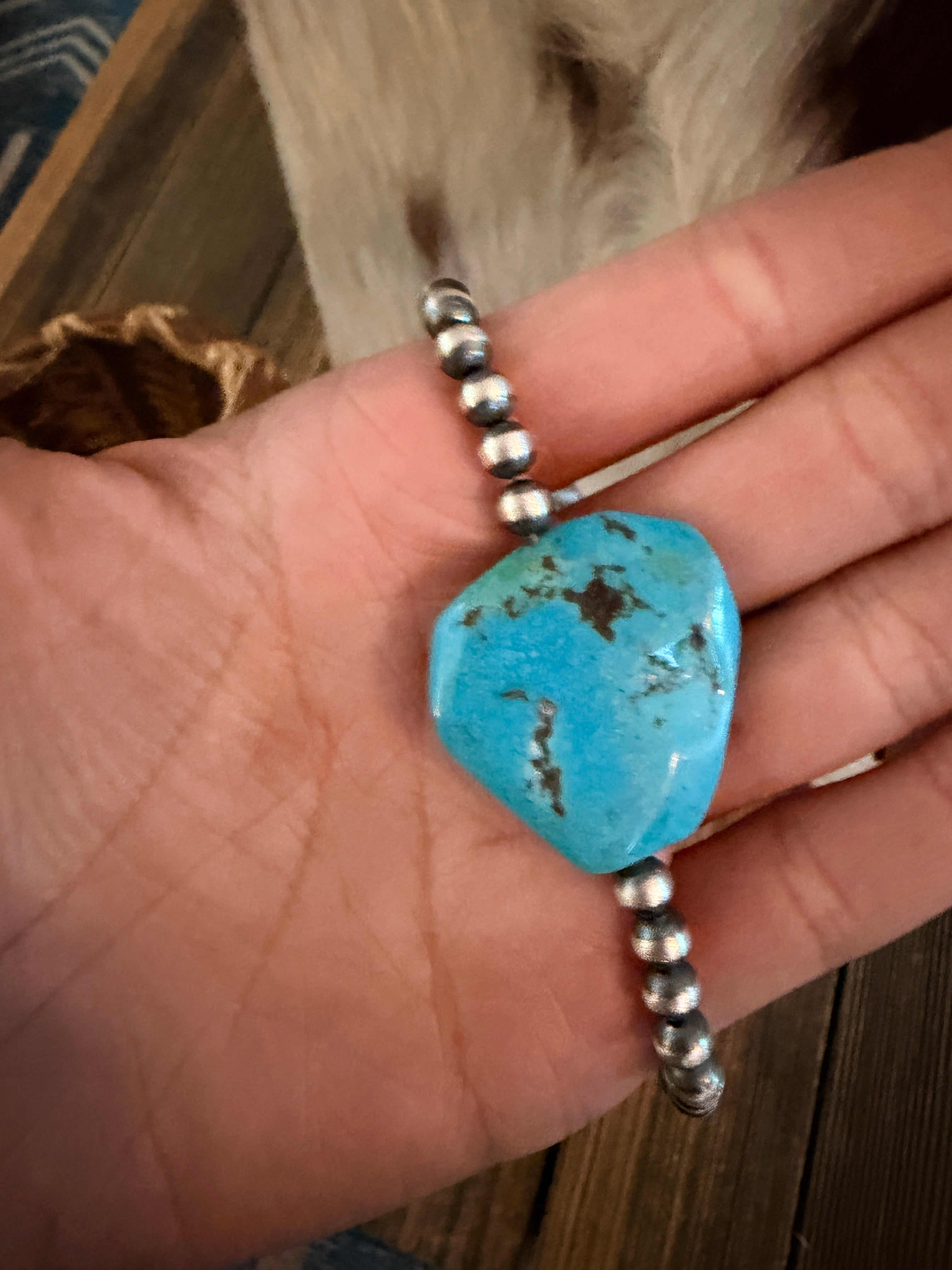 Handcrafted Kingman Turquoise & Sterling Silver Pearl 18” Beaded Necklace