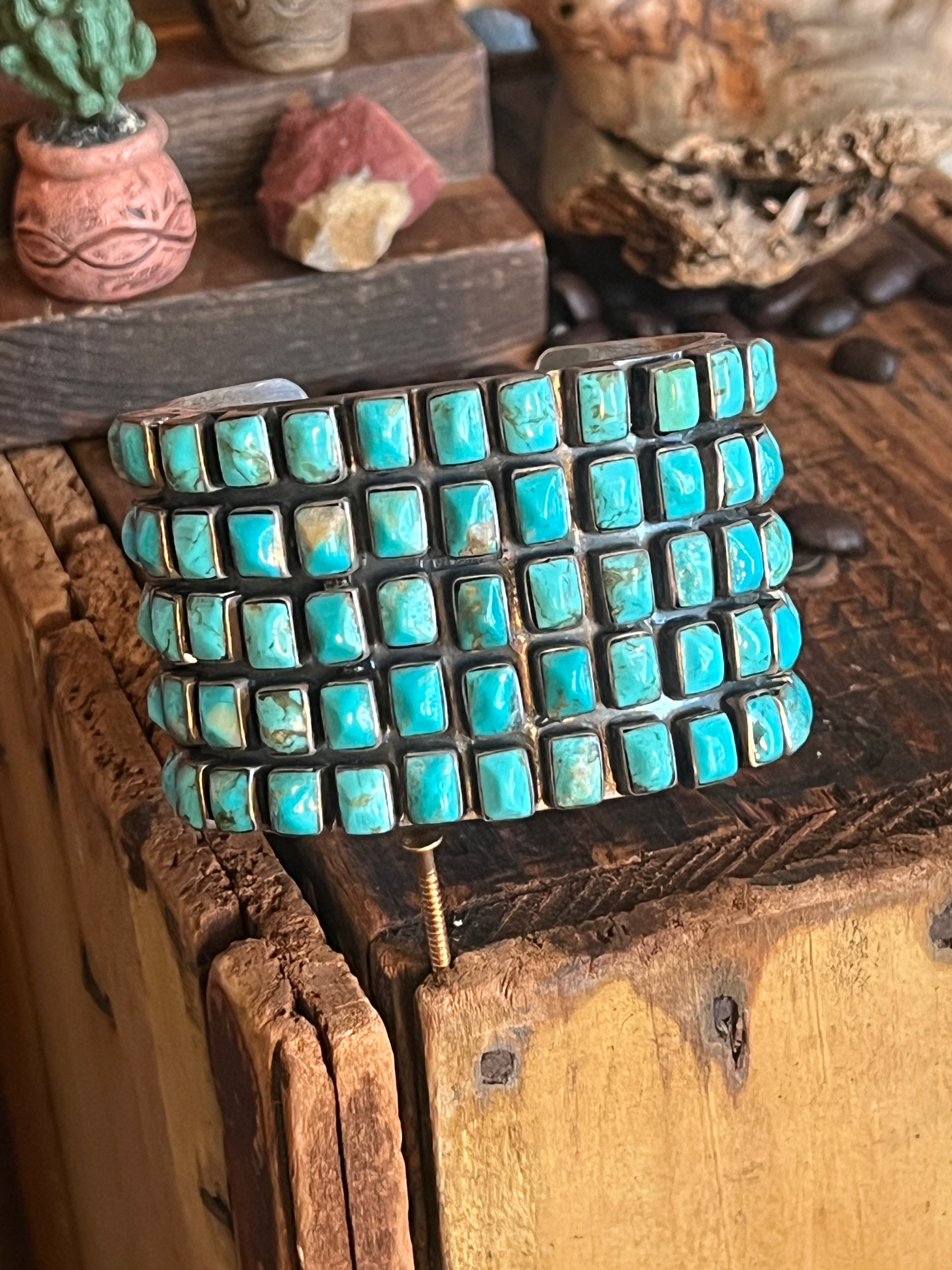 Hefty Old Pawn Sterling Silver and Turquoise 5 Row Cuff Bracelet by Federico Jimenez