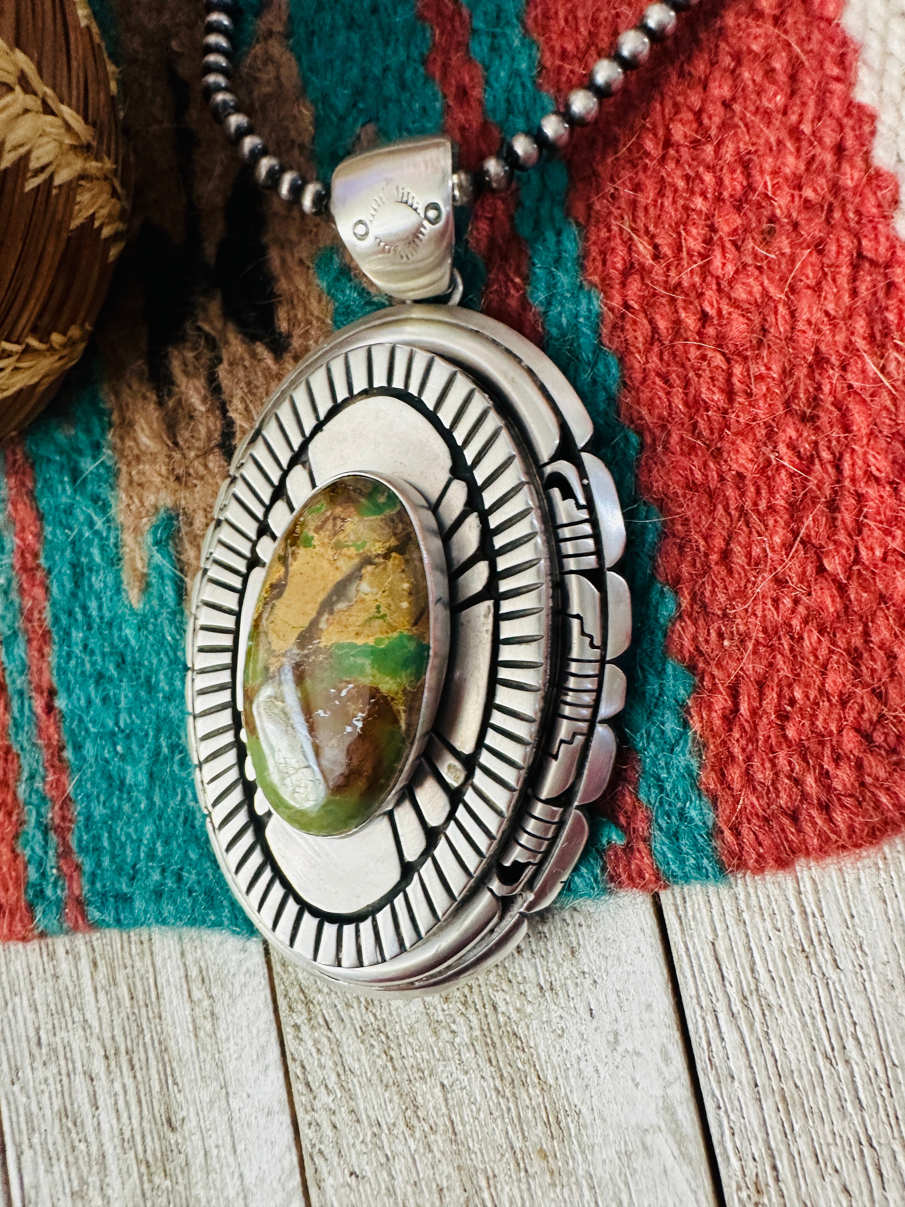 Handcrafted Ribbon Turquoise &  Sterling Silver Pendant, Signed LK