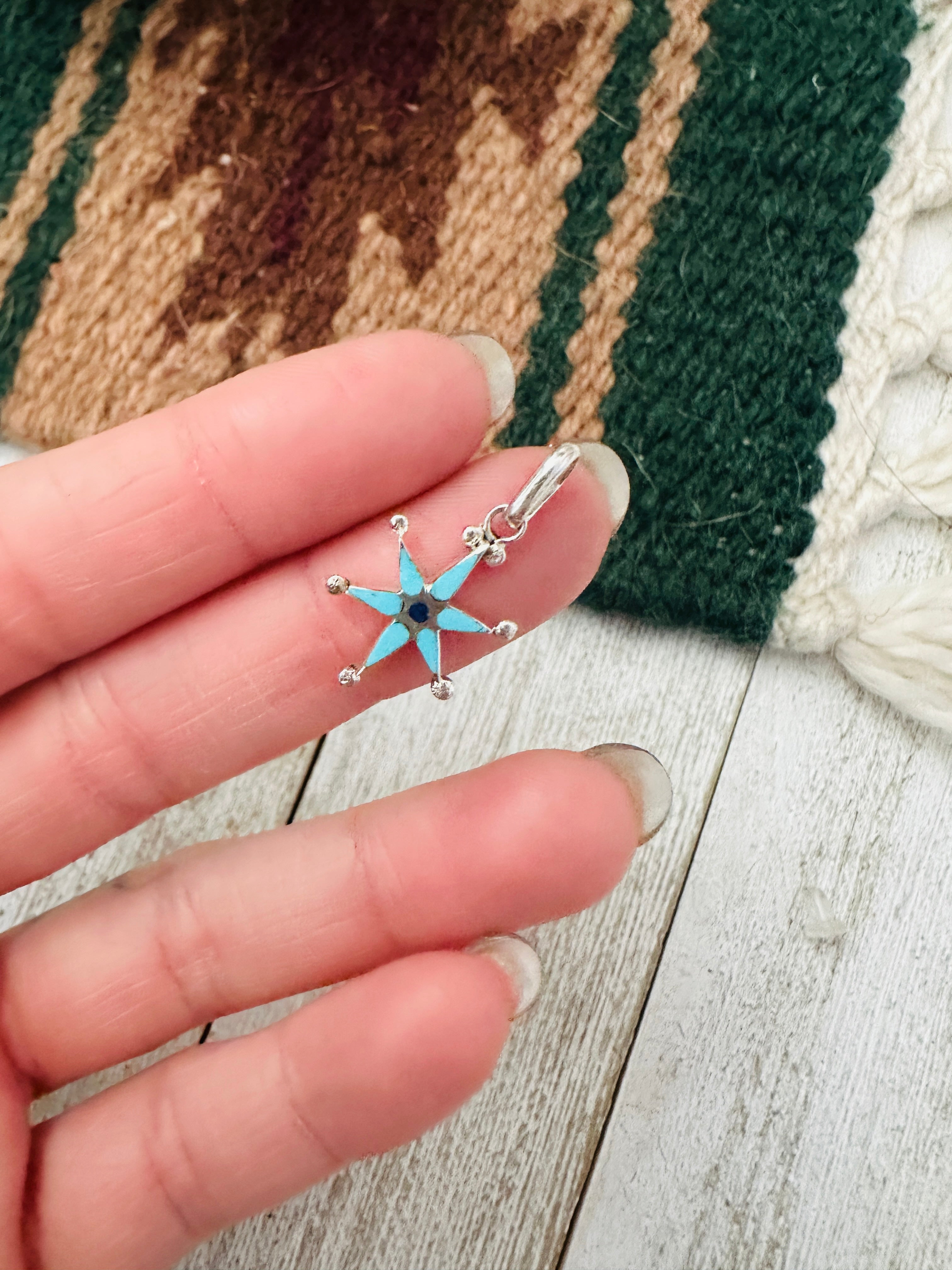 Zuni Sterling Silver, Turquoise & Lapis Mini Star Pendant Signed