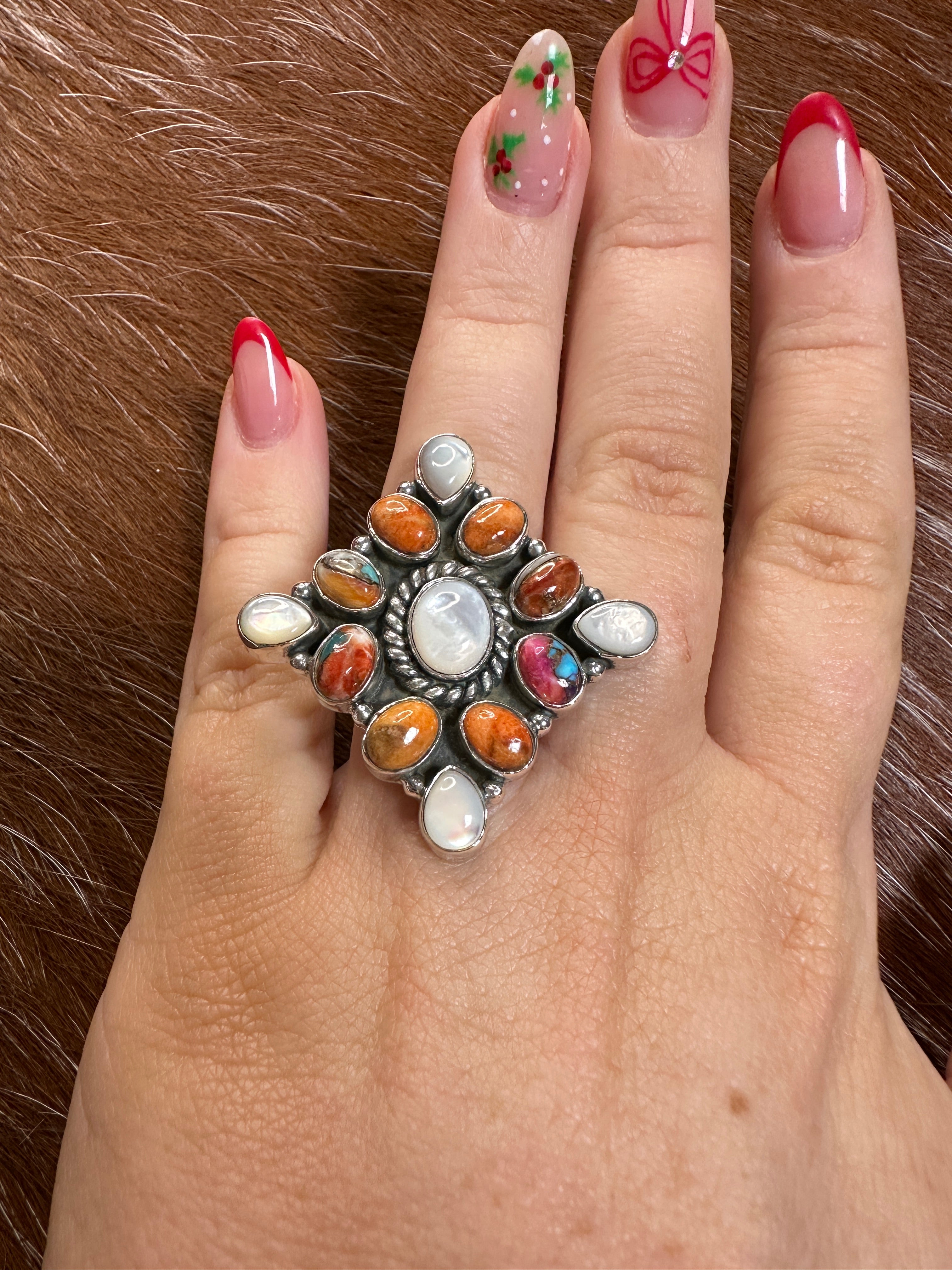 Handmade Pink Dream, Orange Mojave, Mother of Pearl & Sterling Silver Adjustable Ring Signed Nizhoni