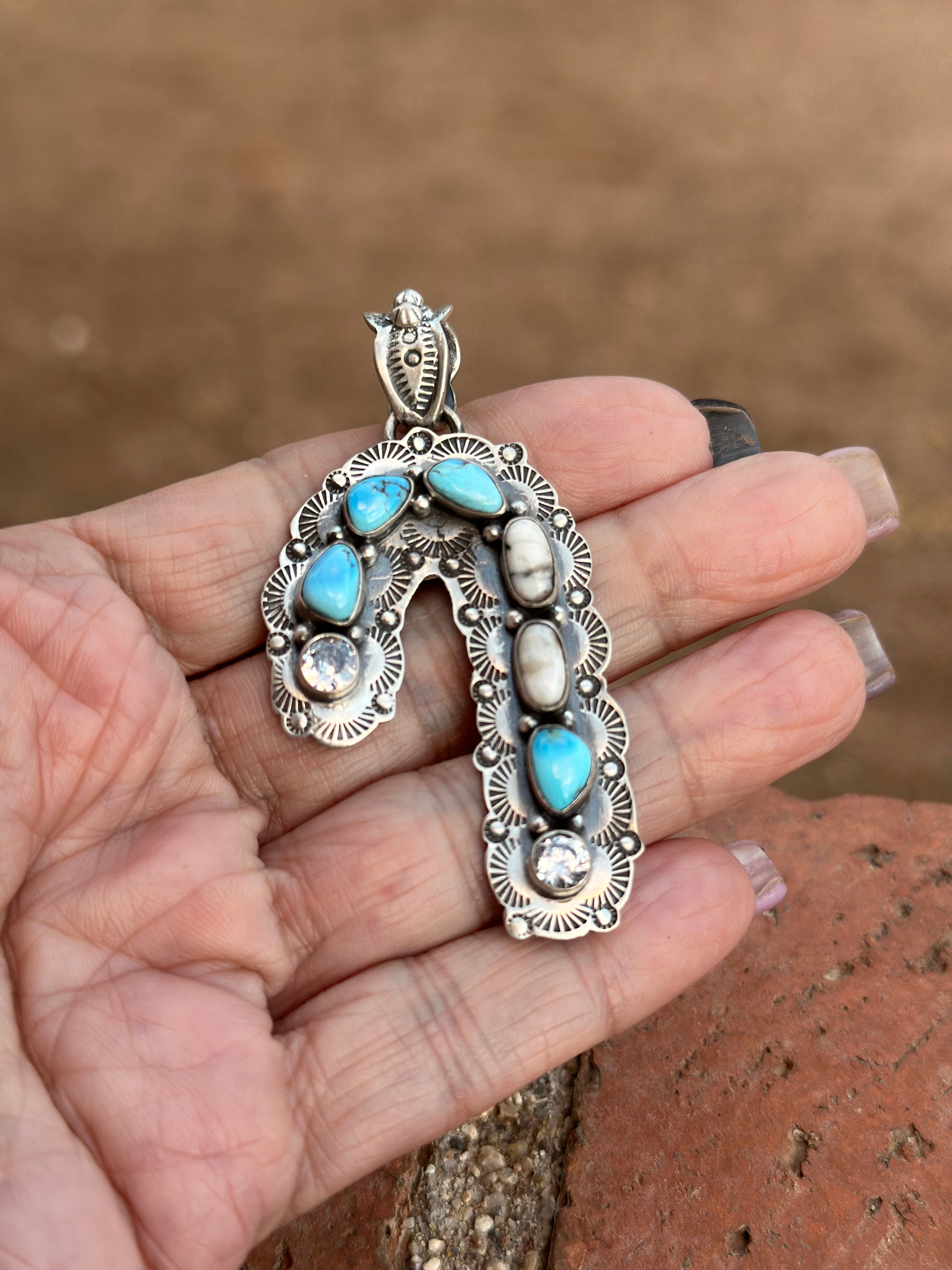 Handmade Sterling Silver White Buffalo & Golden Hills Turquoise Christmas Candy Cane Pendant