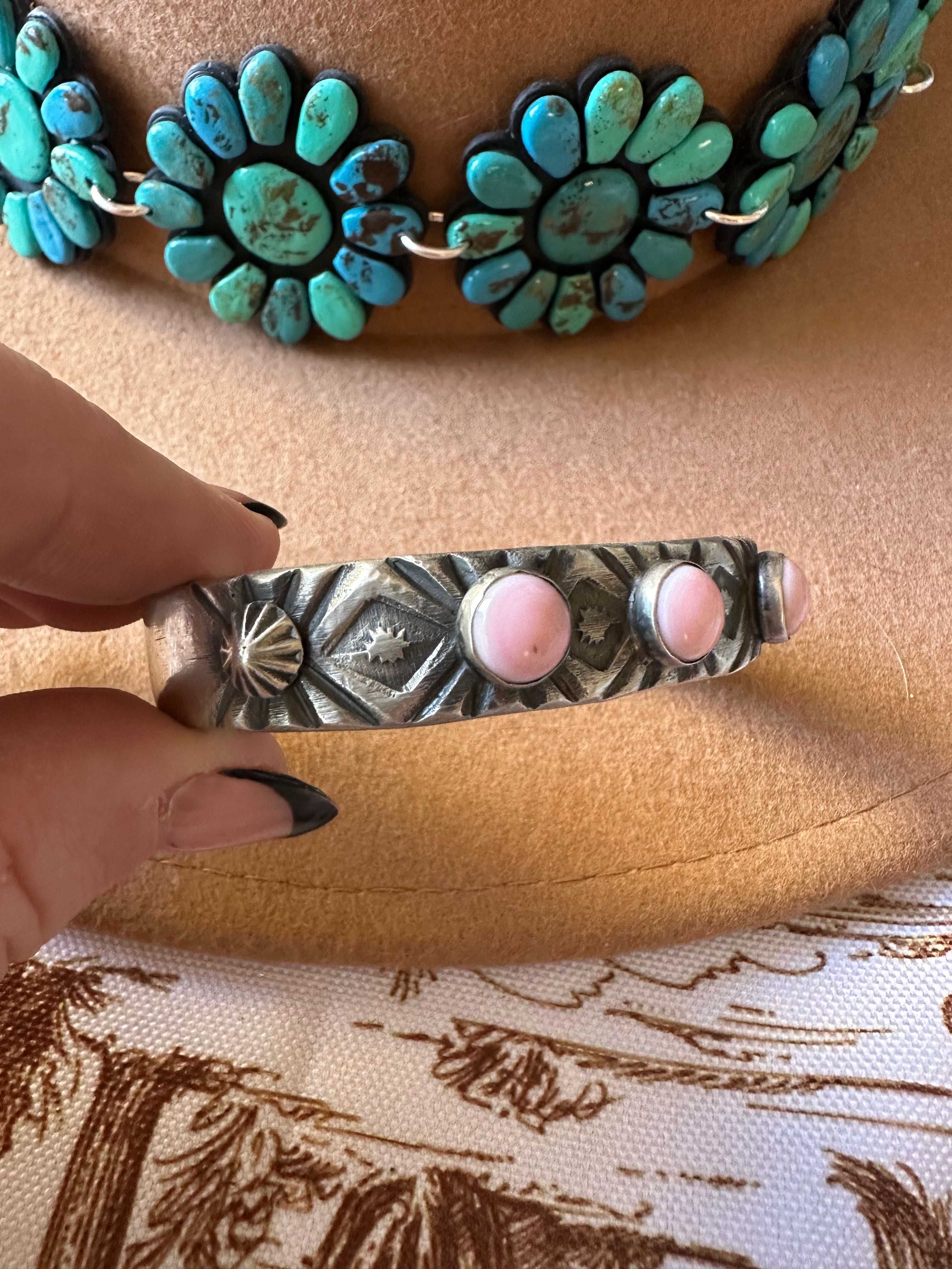 Navajo 3 Stone Queen Pink Conch Shell & Sterling Silver Cuff Bracelet by Chimney Butte