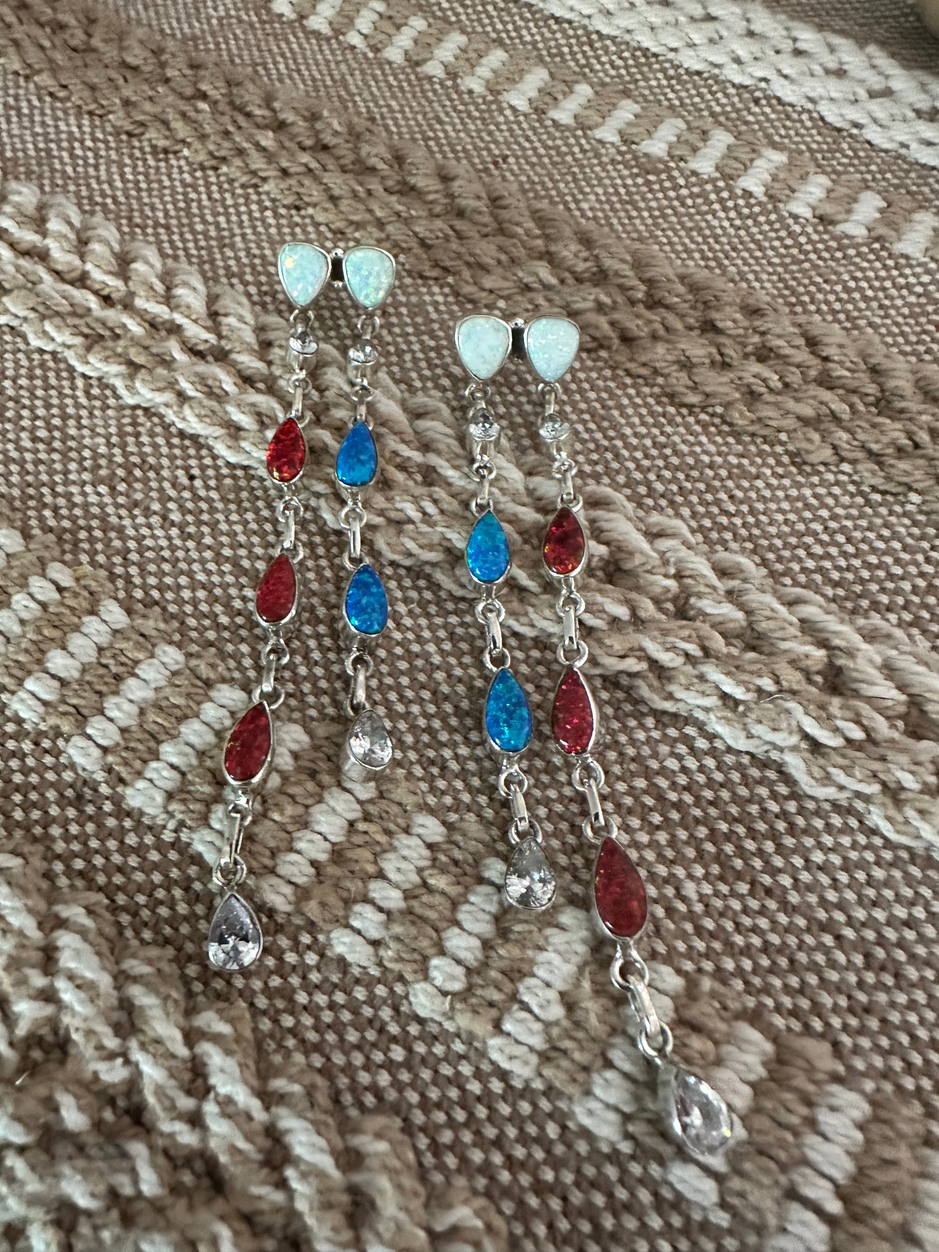 4th Of July Handmade Red, White & Blue Fire Opal and Sterling Silver Statement Dangles