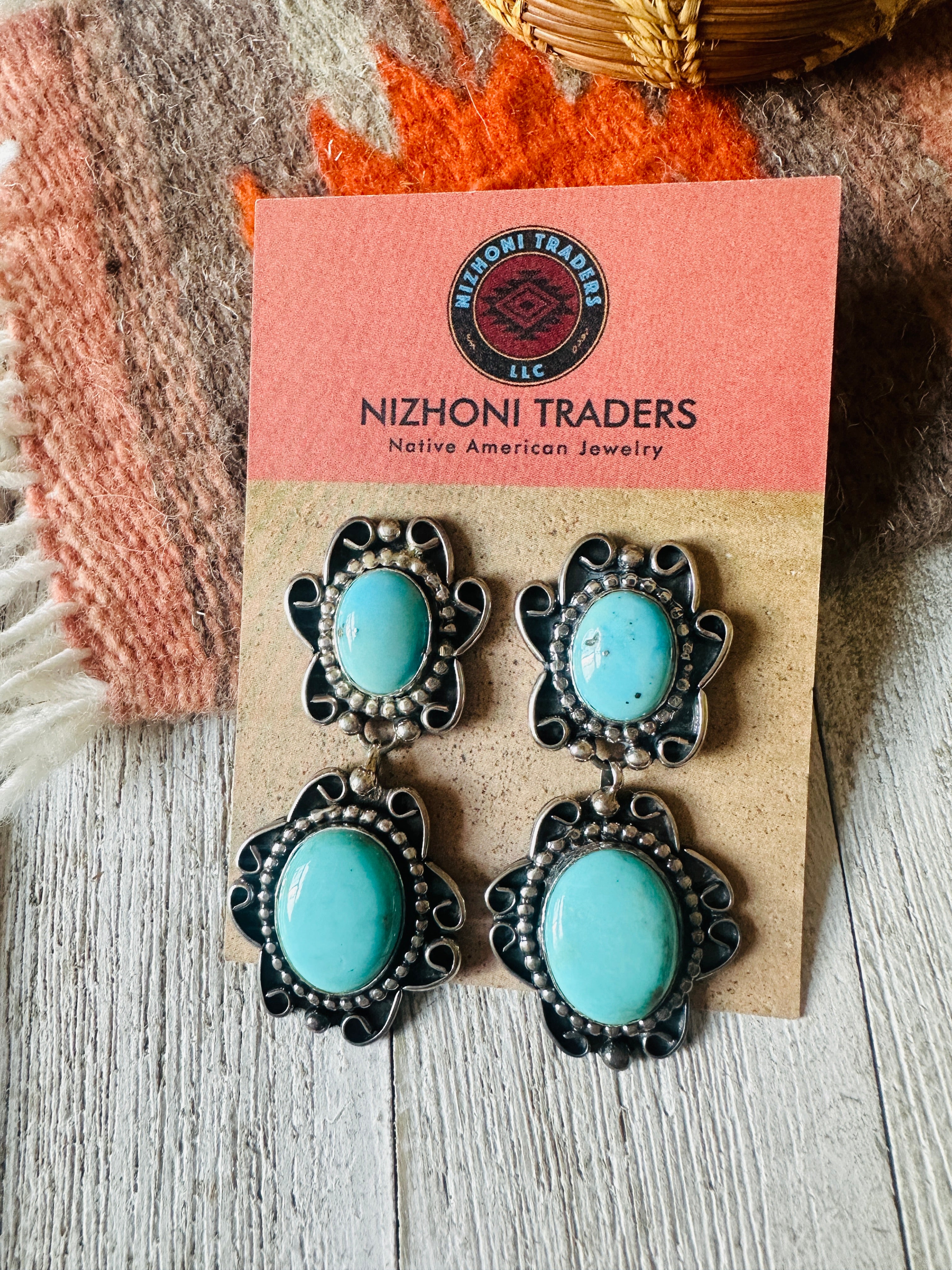 Navajo Kingman Turquoise And Sterling Silver Dangle Earrings