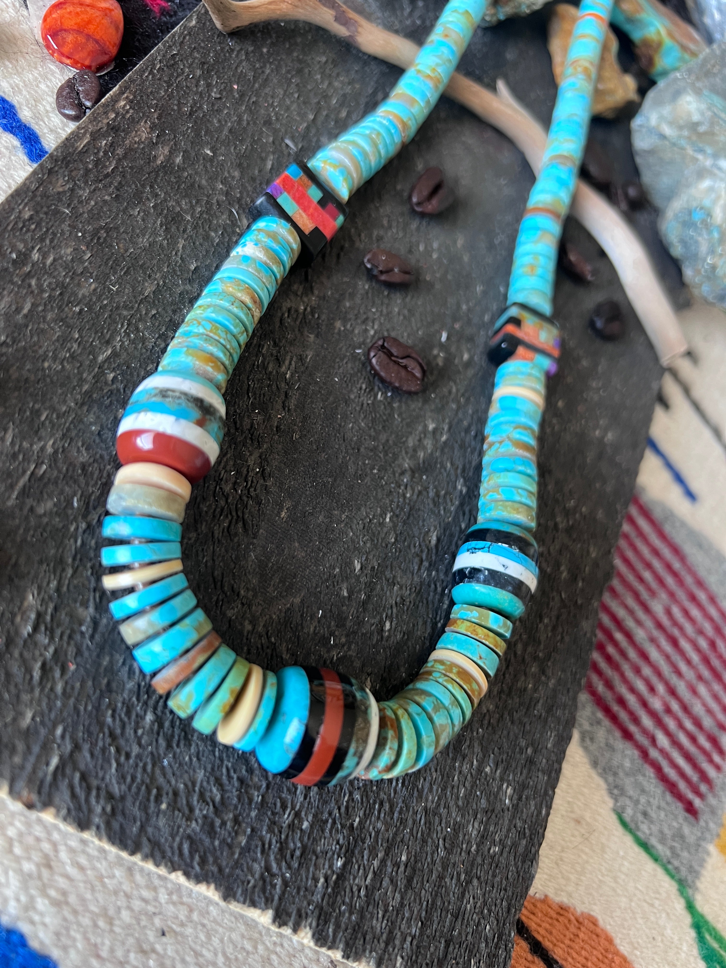 Ronald Chavez Handcrafted Turquoise Heishi Beaded Santo Domingo Necklace with Layered Bead Accents