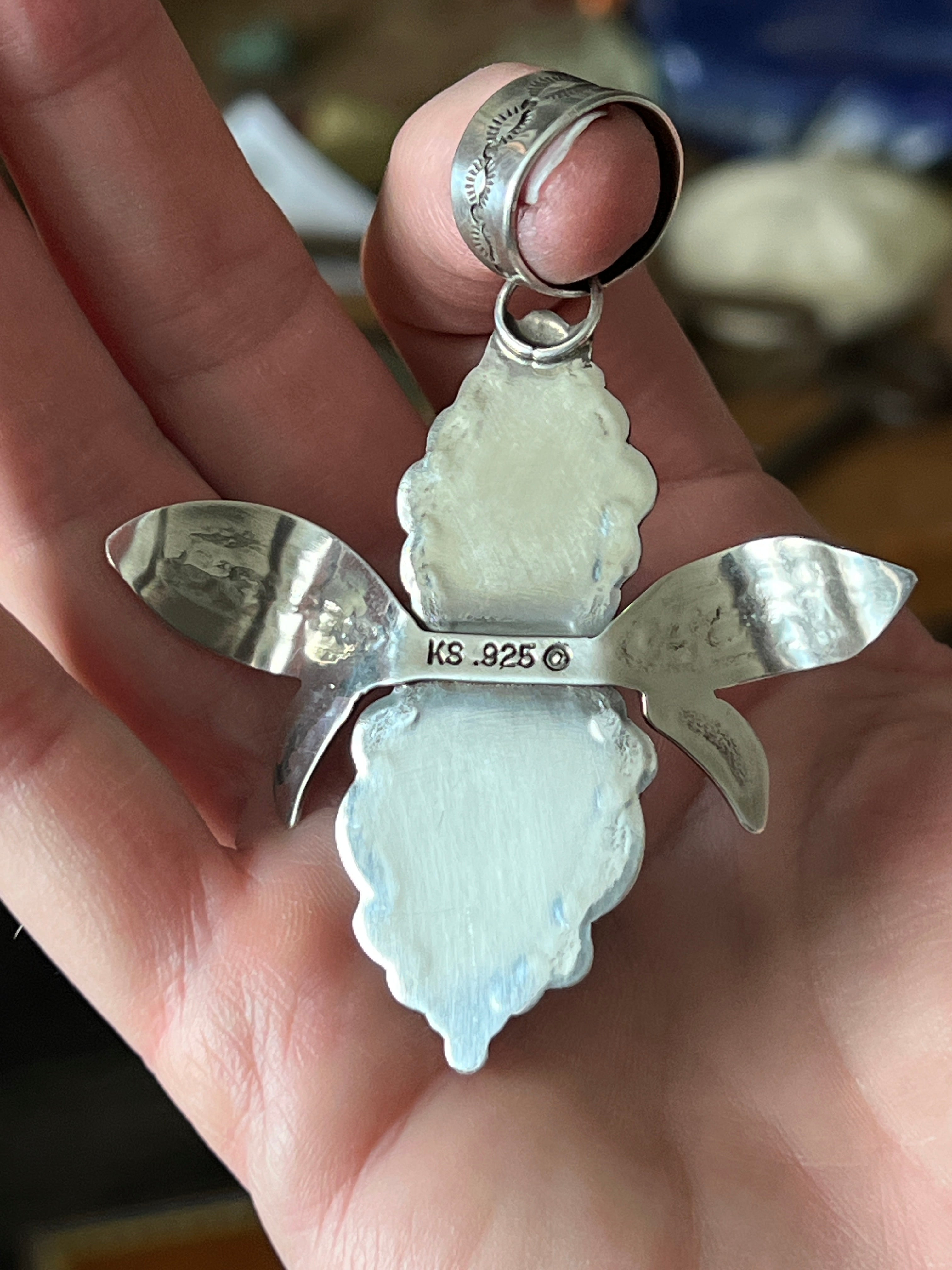 Handcrafted Kimari Somers Sterling Silver and Turquoise Winged Bug Pendant