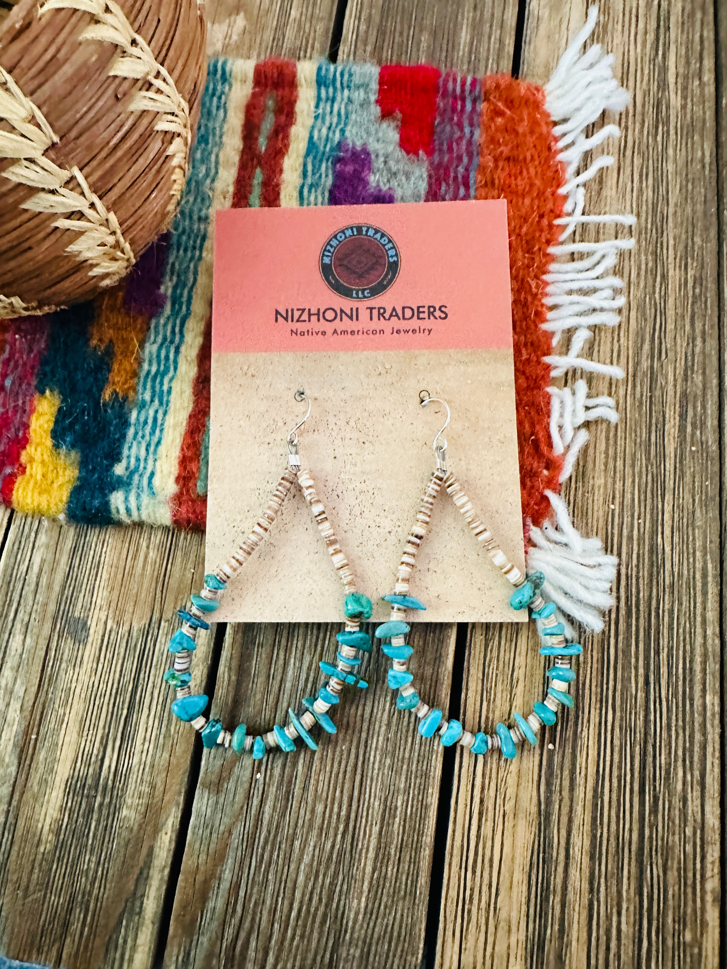 Handcrafted Heishi & Turquoise Beaded Dangle Hoop Earrings