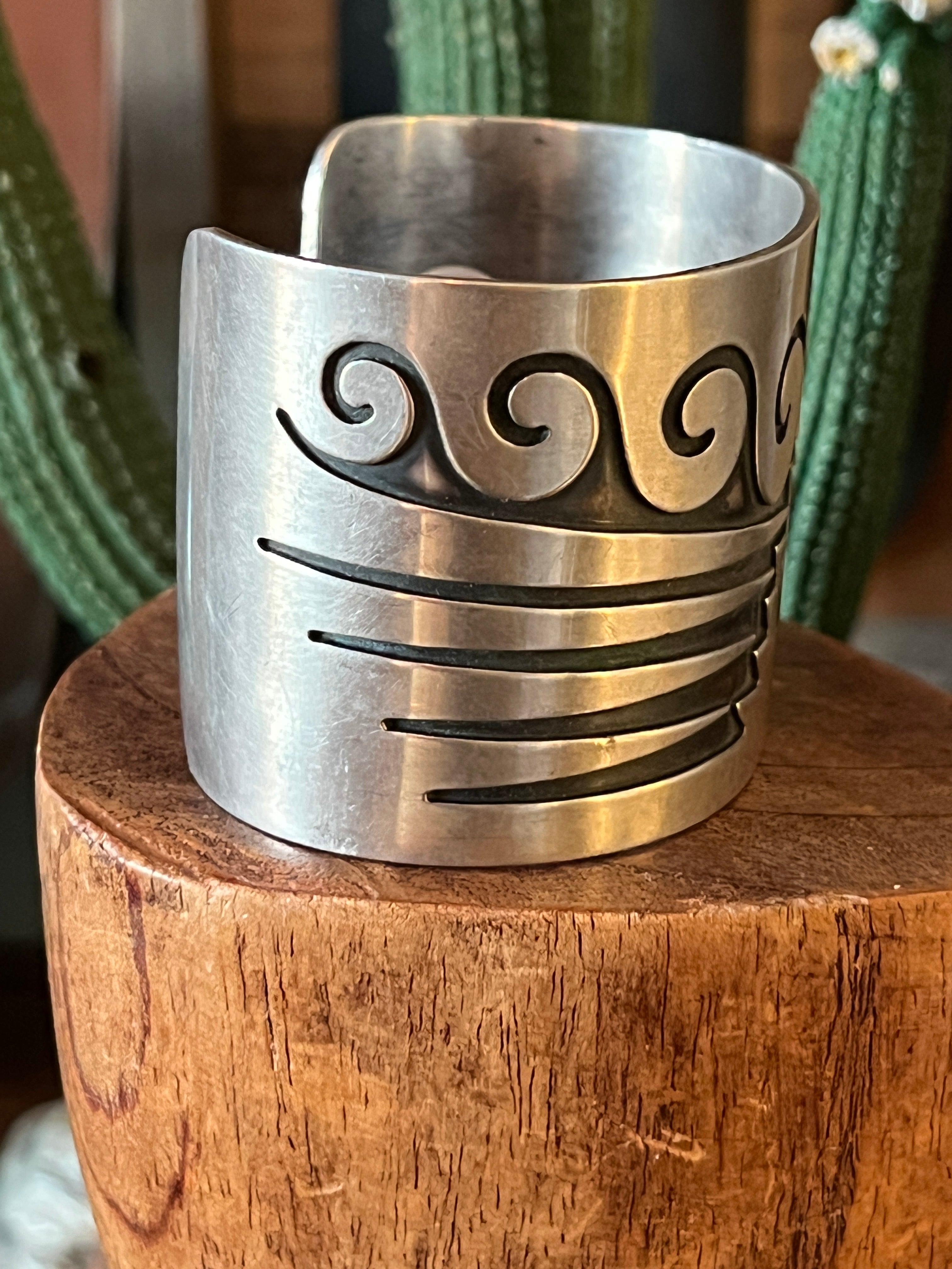 Handcrafted Old Pawn Sterling Silver Water Design Overlay Cuff, Unsigned