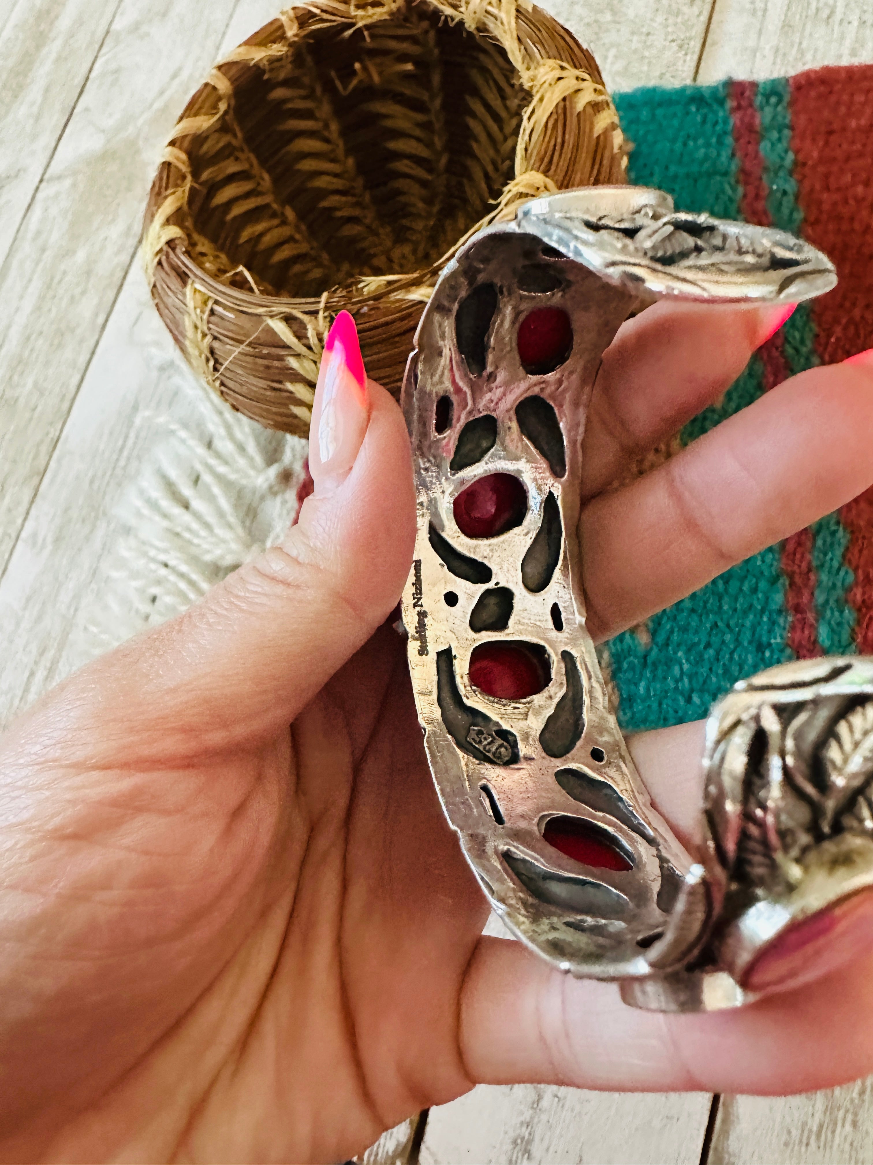 Handmade Sterling Silver Synthetic Opal Cuff Bracelet with Signed Nizhoni