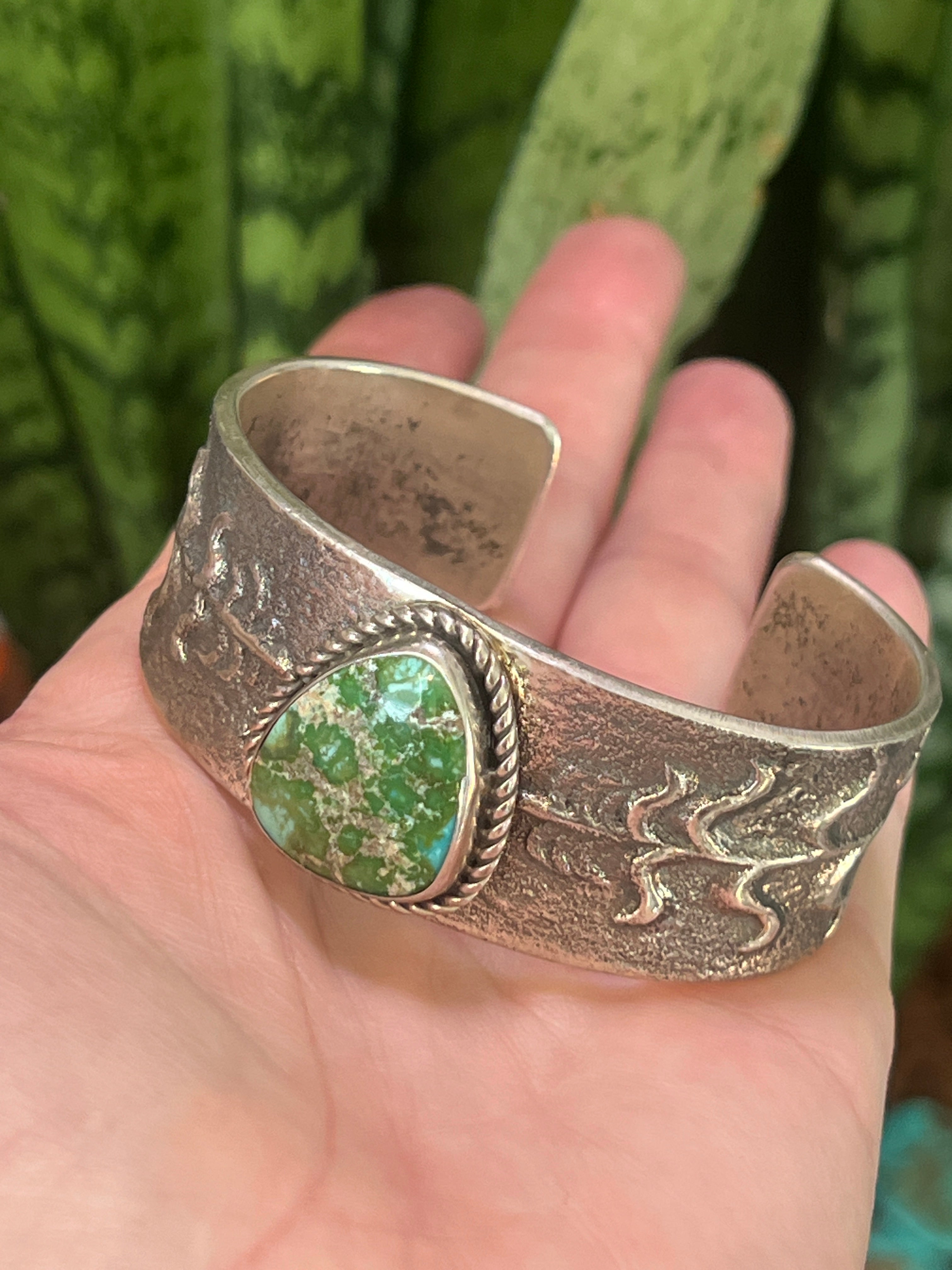 Handcrafted Sterling Silver Tufa Cast Corn Stalk Cuff with Sonoran Gold Turquoise by Gary Custer