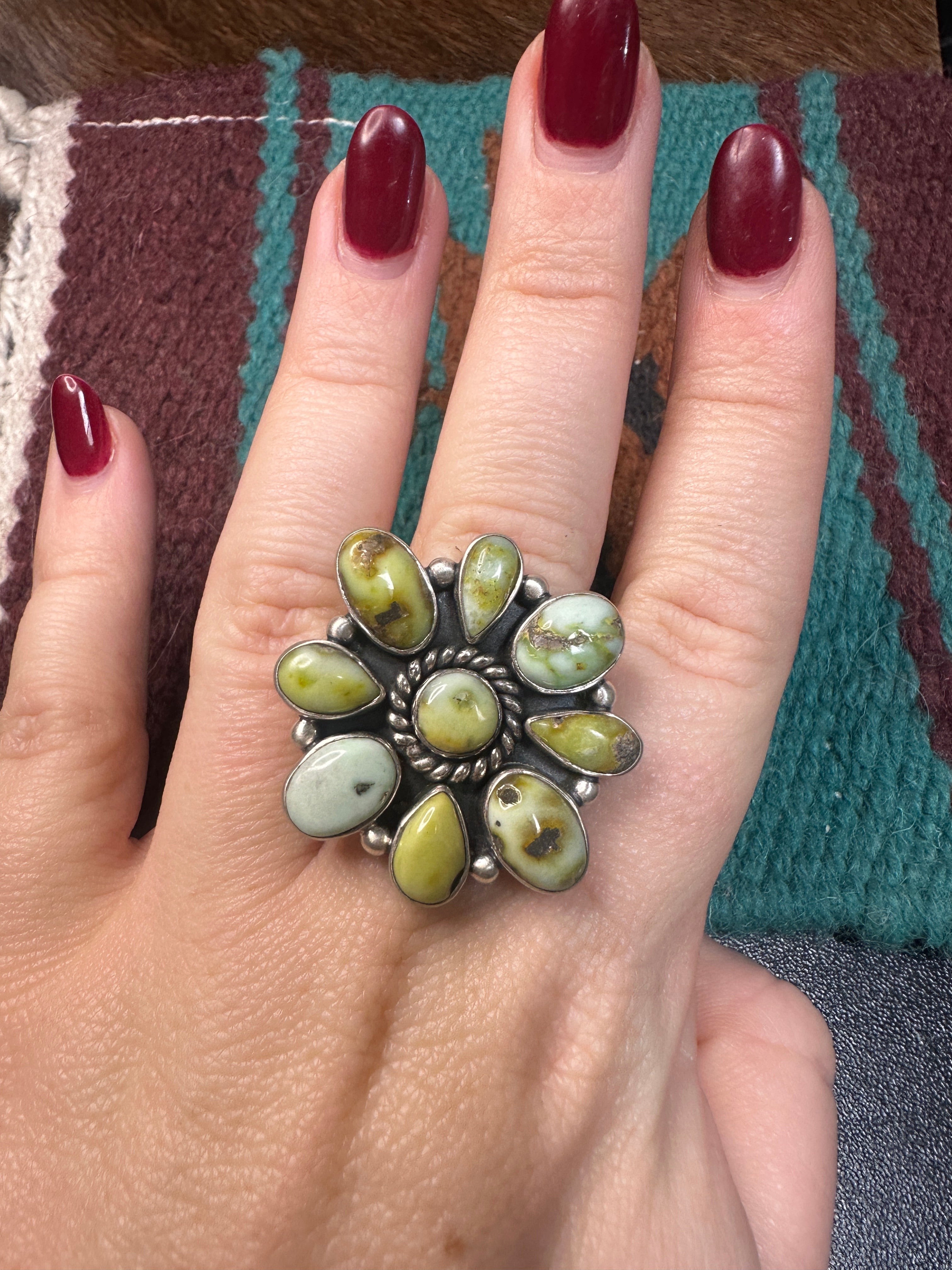 Nizhoni Handmade Palomino Turquoise Sterling Silver Flower Cluster Ring