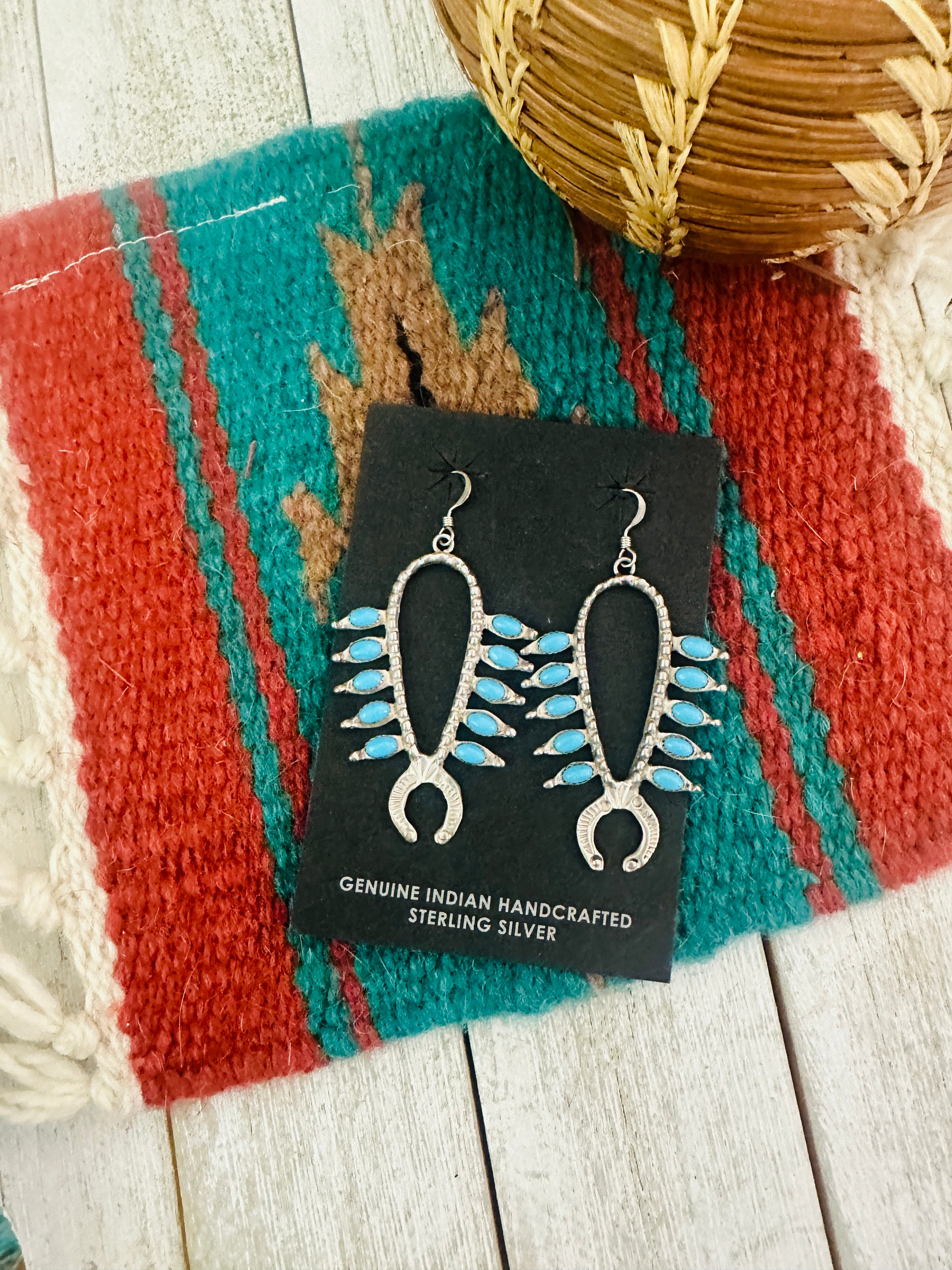 Navajo Sterling Silver & Turquoise Squash Blossom Earrings