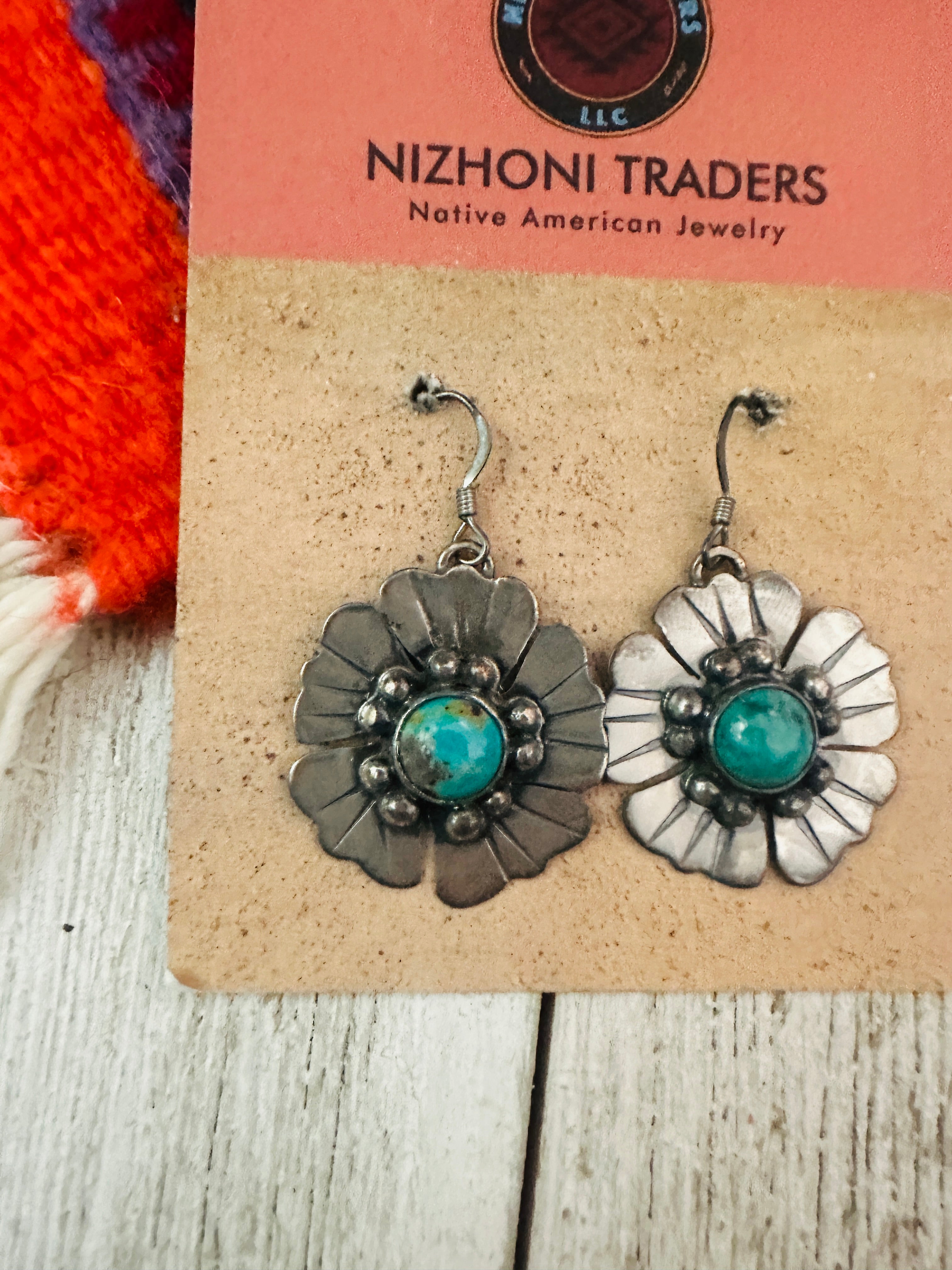 Navajo Turquoise and Sterling Silver Flower Dangle Earrings