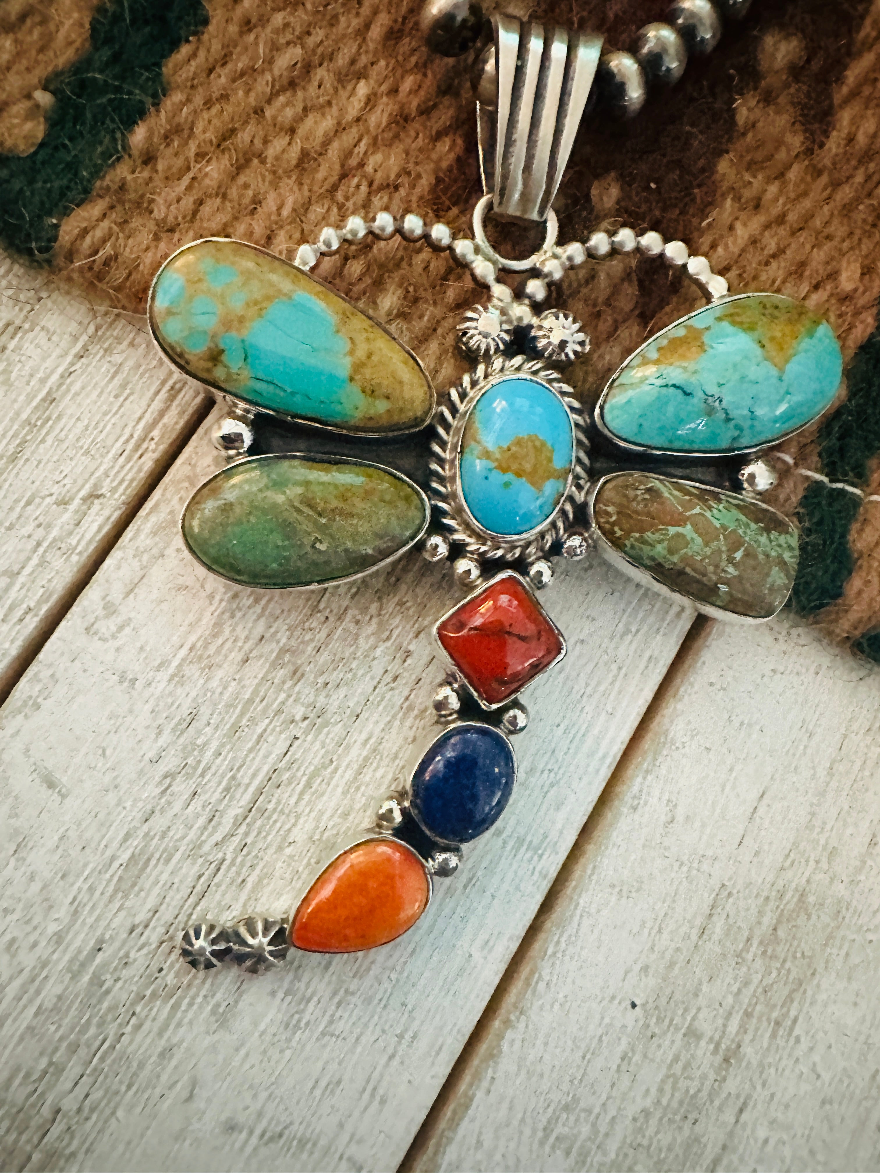 Navajo Multi Stone & Sterling Silver Dragonfly Pendant