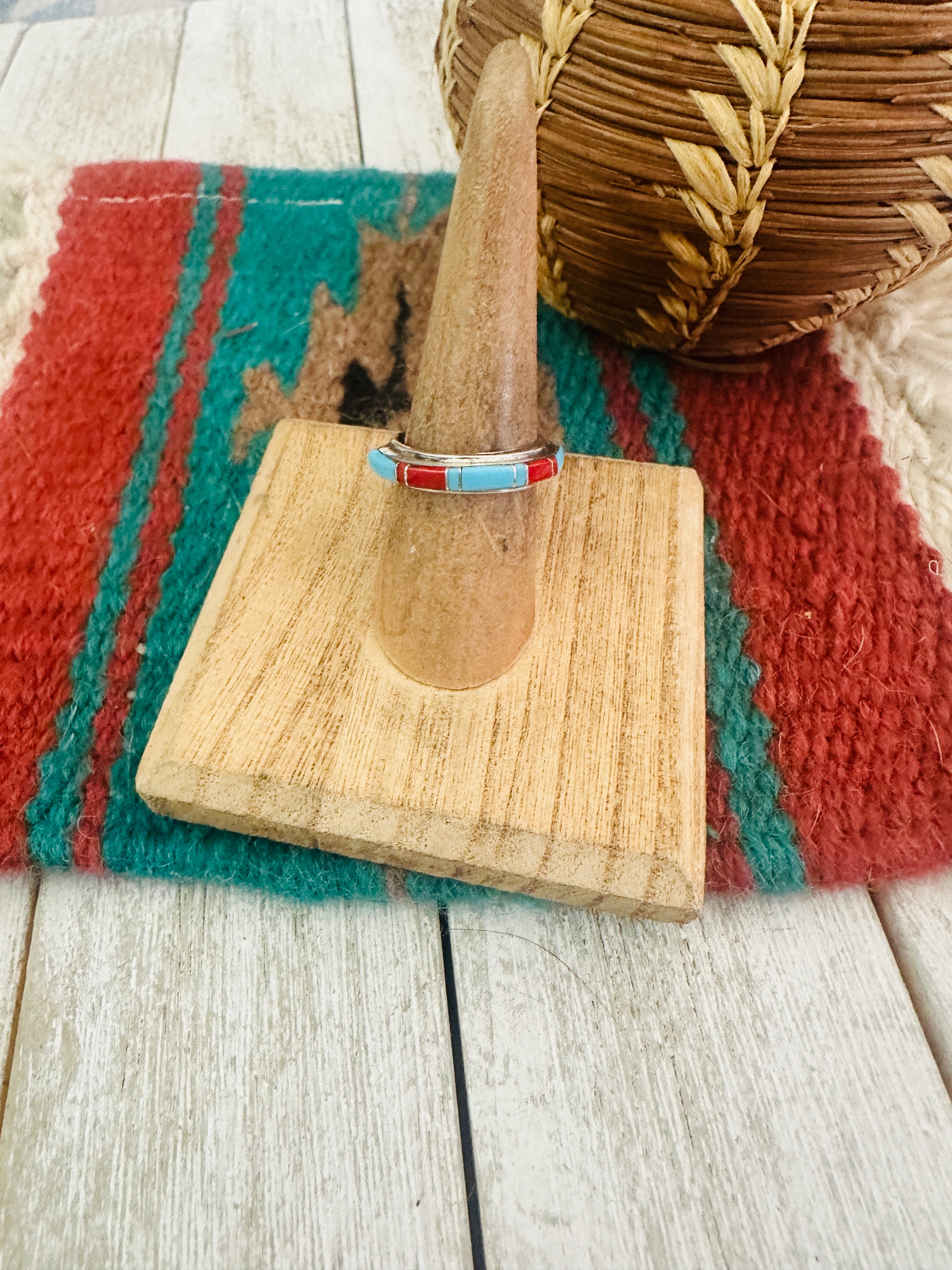 Zuni Sterling Silver, Turquoise & Coral Inlay Ring Size 6