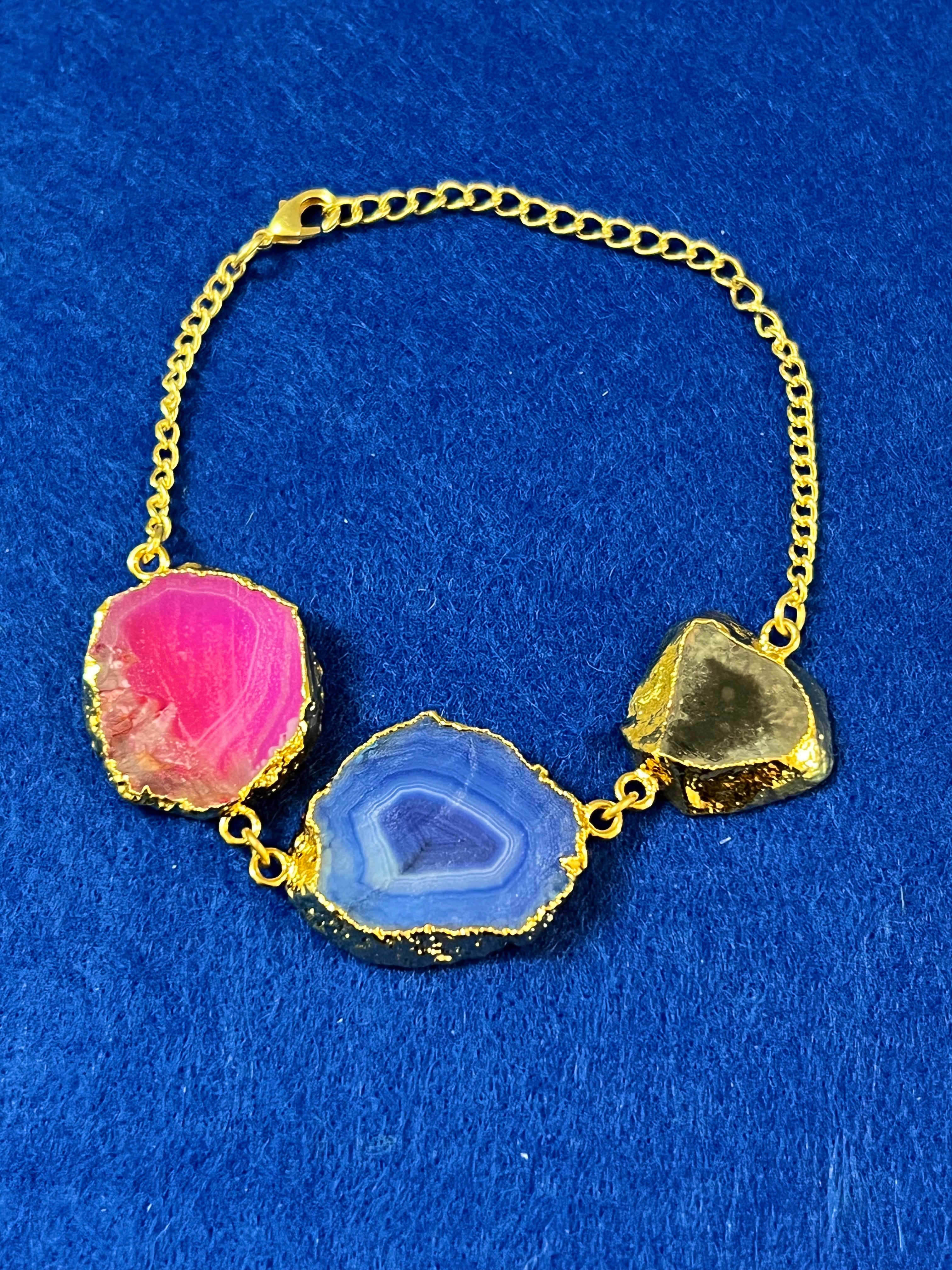 Handmade 14k Gold Druzy Plated Brass With Hot Pink, Grey, & Blue Geodes Bracelet