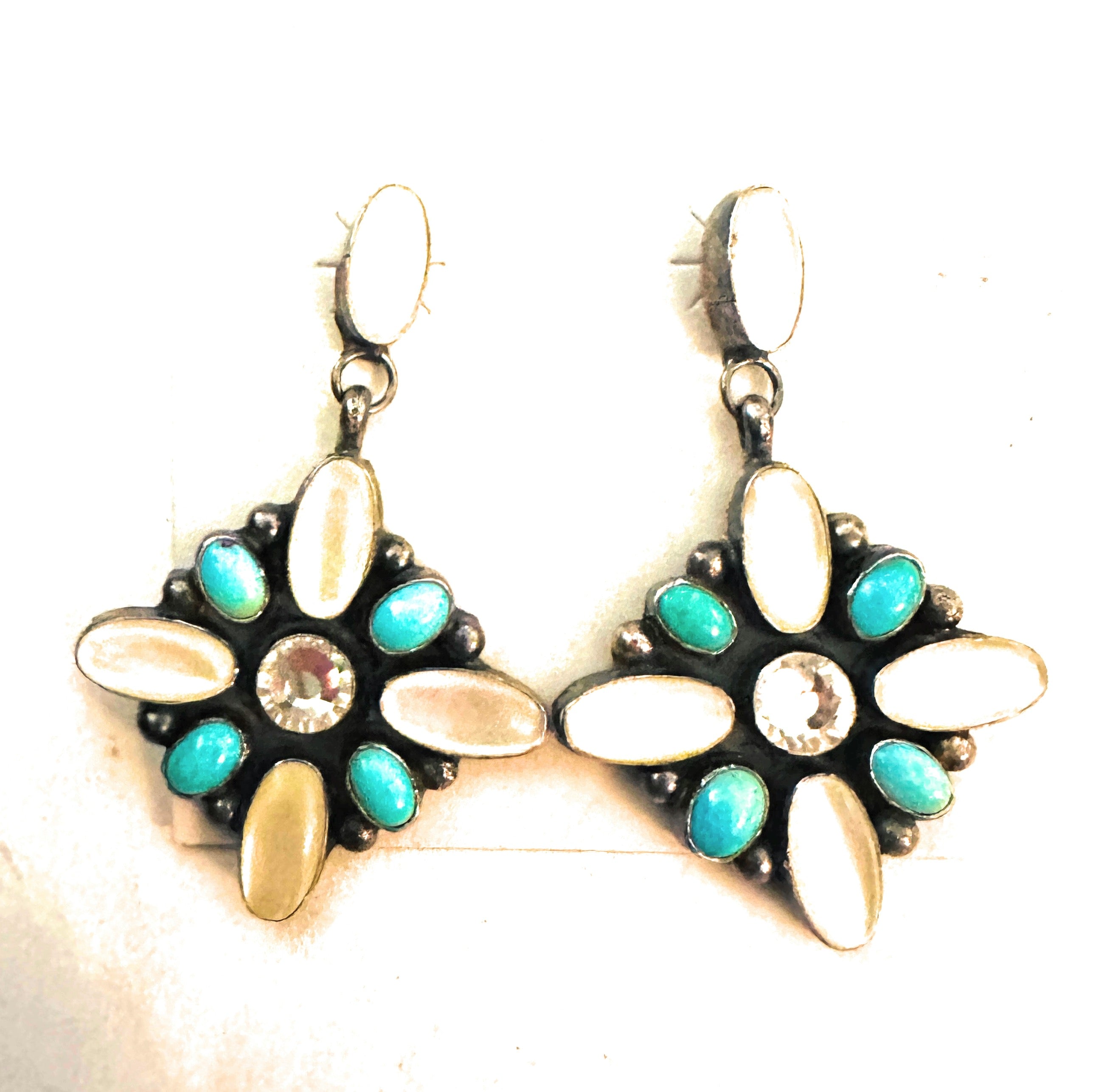 Navajo Mother of Pearl, Turquoise, CZ & Sterling Silver Dangle Earrings