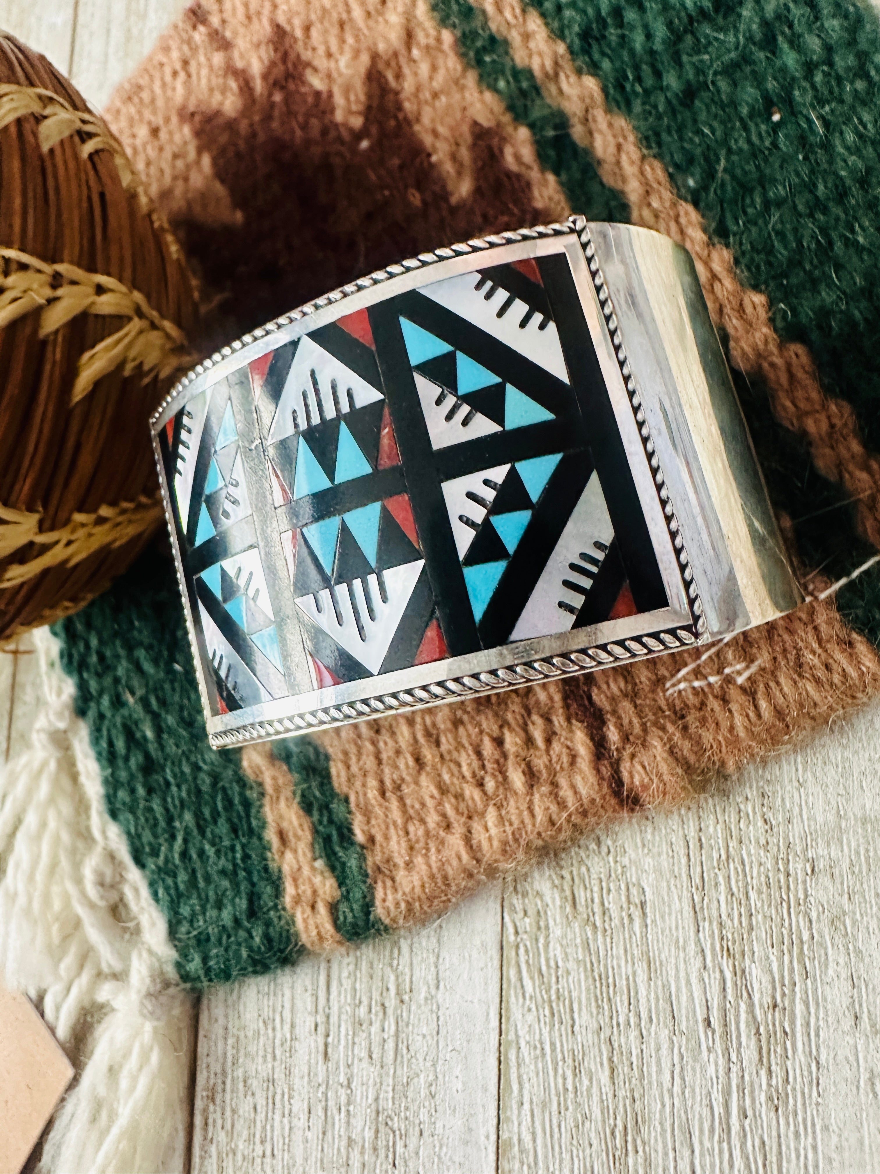 Handcrafted Old Pawn Multi Stone & Sterling Silver Inlay Cuff Bracelet