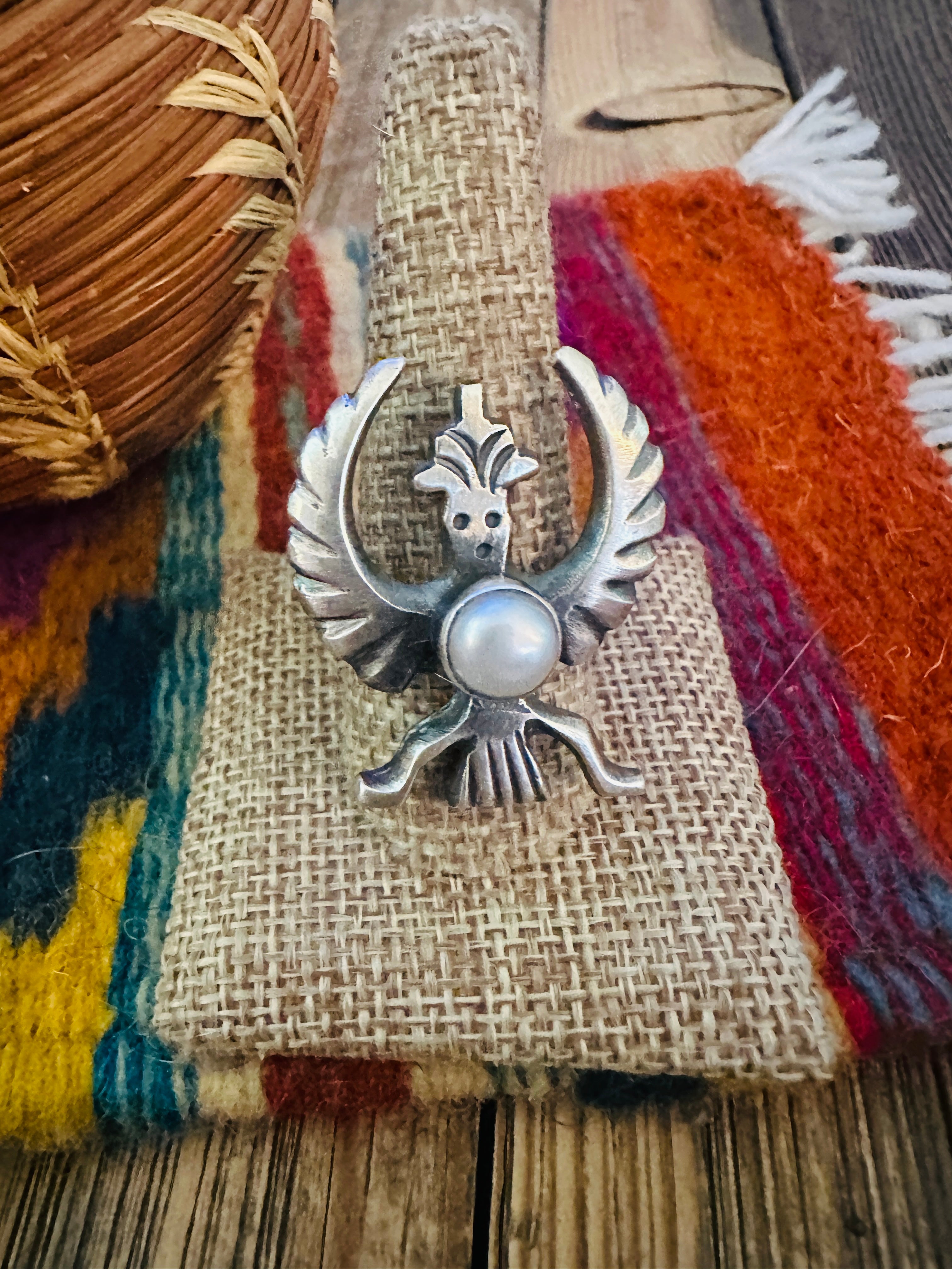 Handcrafted Pearl & Sterling Silver Thunderbird Ring size 10 by Chimney Butte