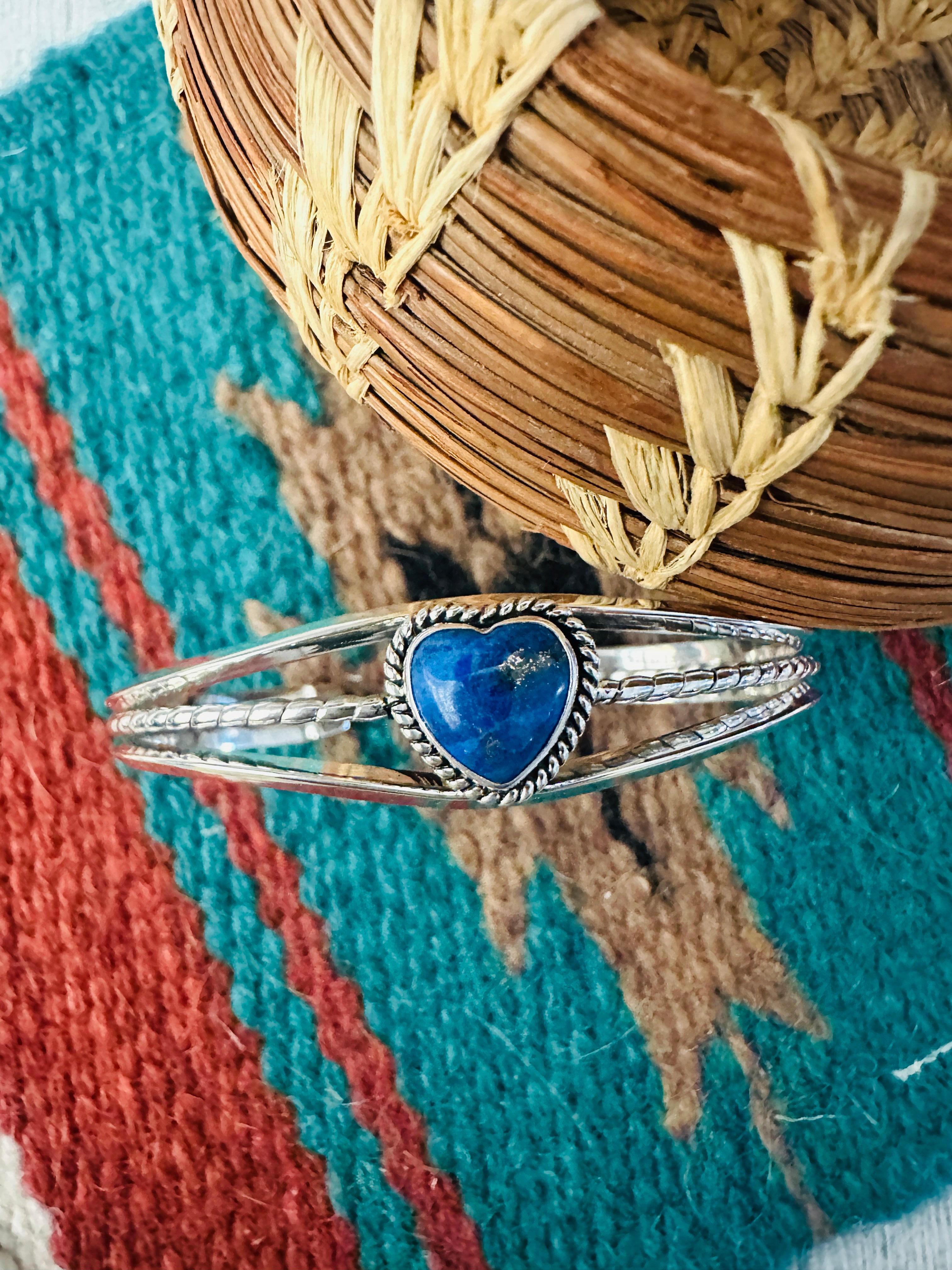 Navajo Sterling Silver & Lapis Heart Cuff Bracelet