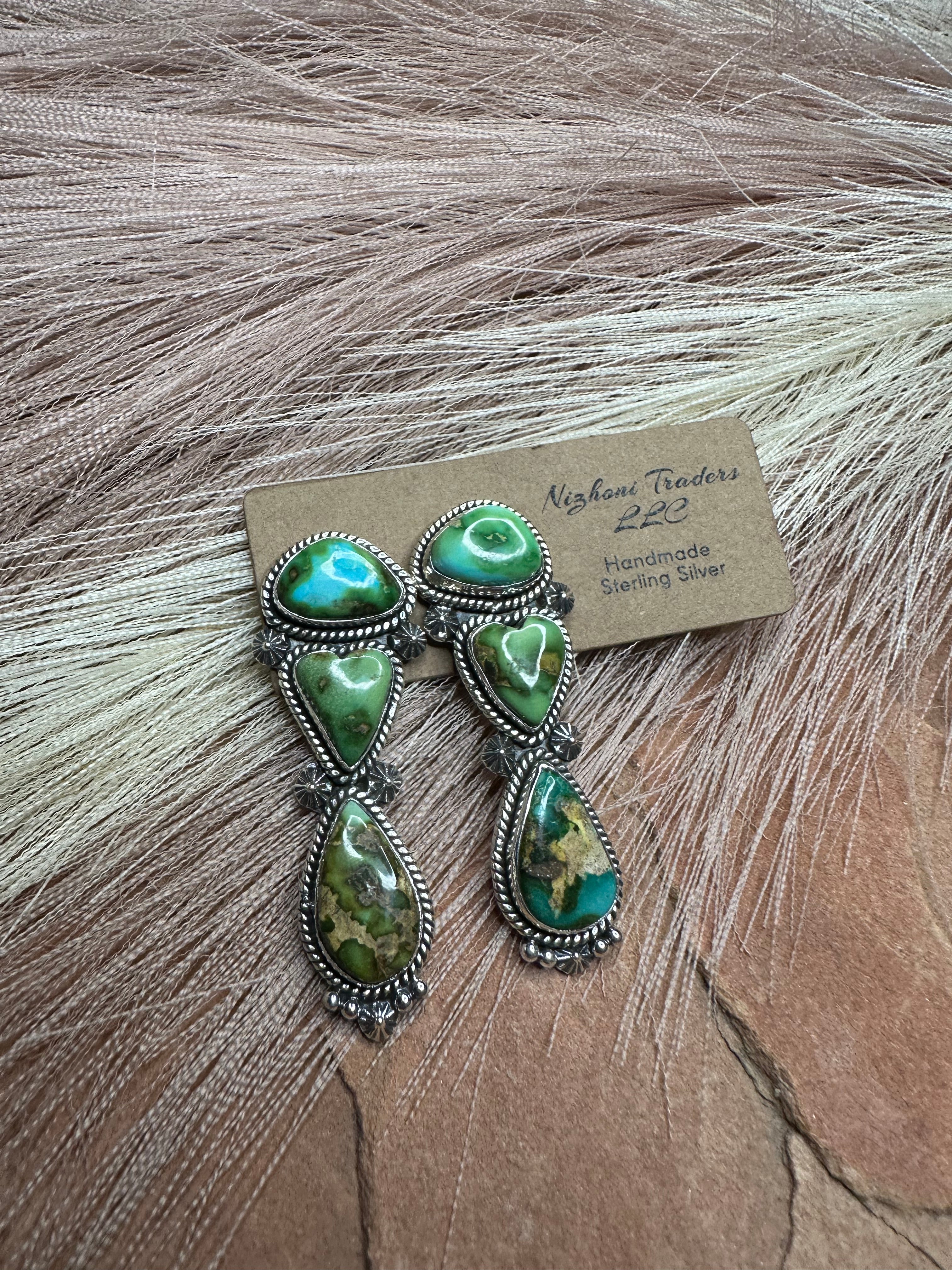 Handmade Sonoran Turquoise and Sterling Silver 3 Stone Post Earrings