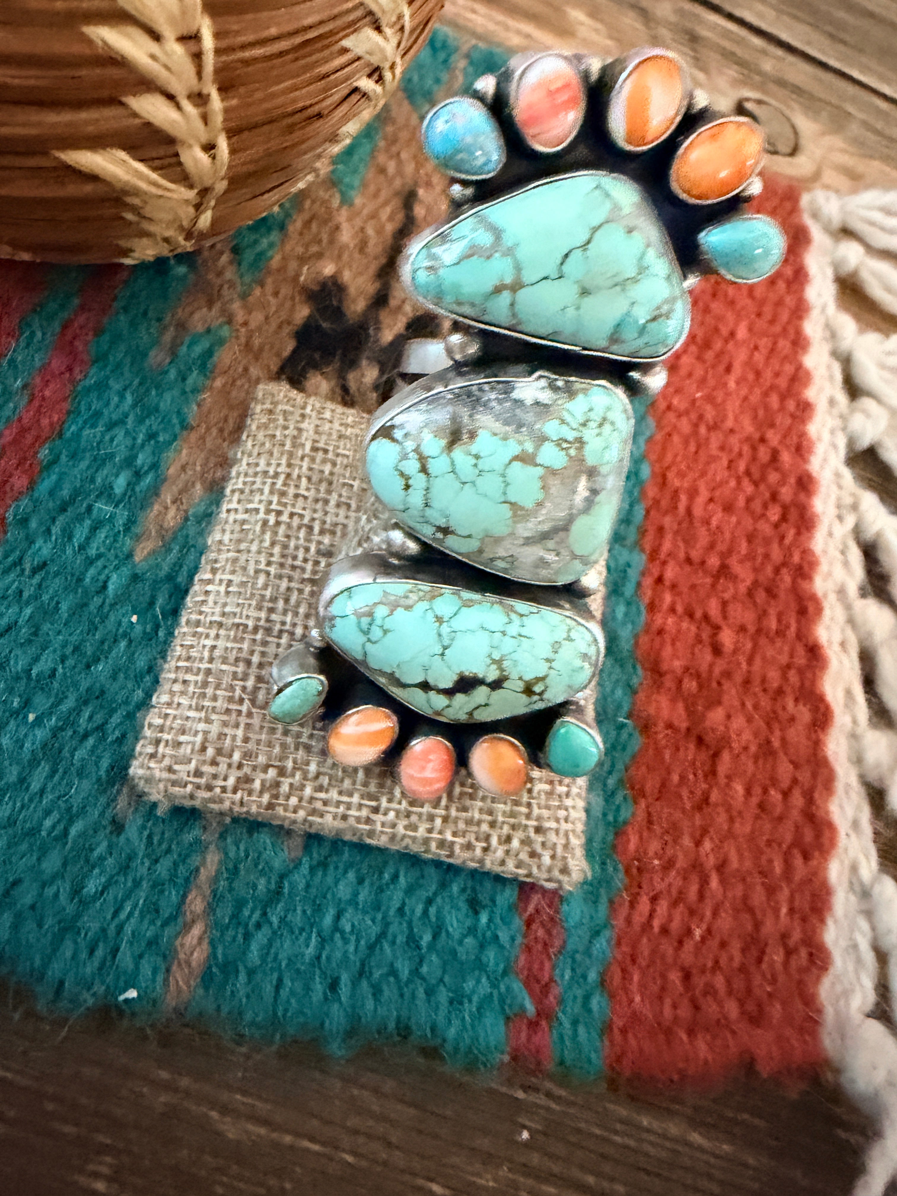 Handcrafted Spiny Oyster, Turquoise & Sterling Silver Cluster Ring by Sheila Becenti Size 10