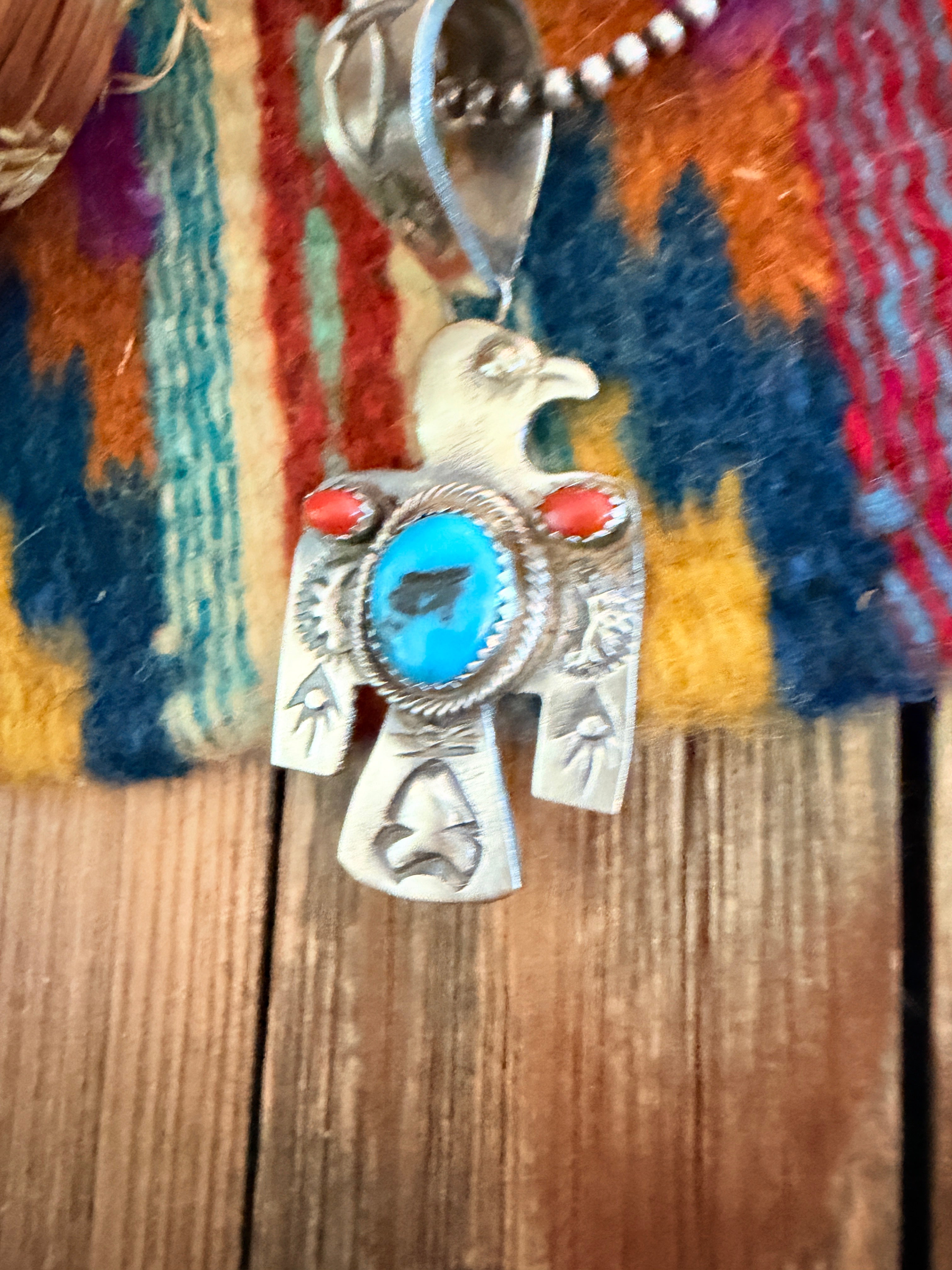 Handcrafted Turquoise, Coral & Sterling Silver Thunderbird Pendant by Richard Yazzie